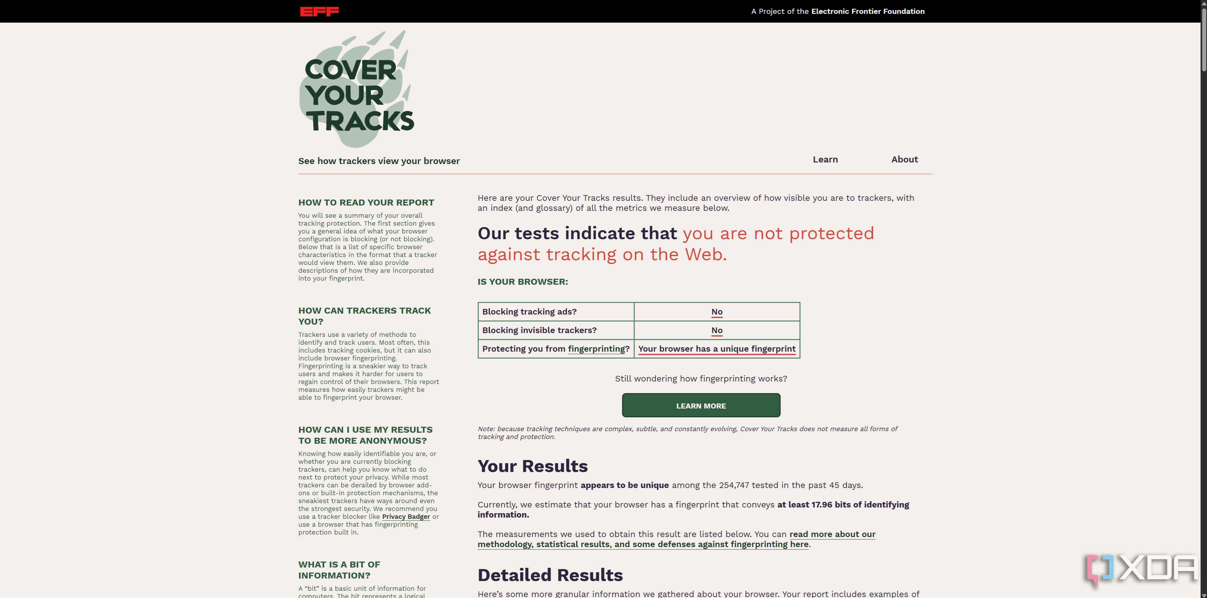 EFF "Cover your Tracks" fingerprinting