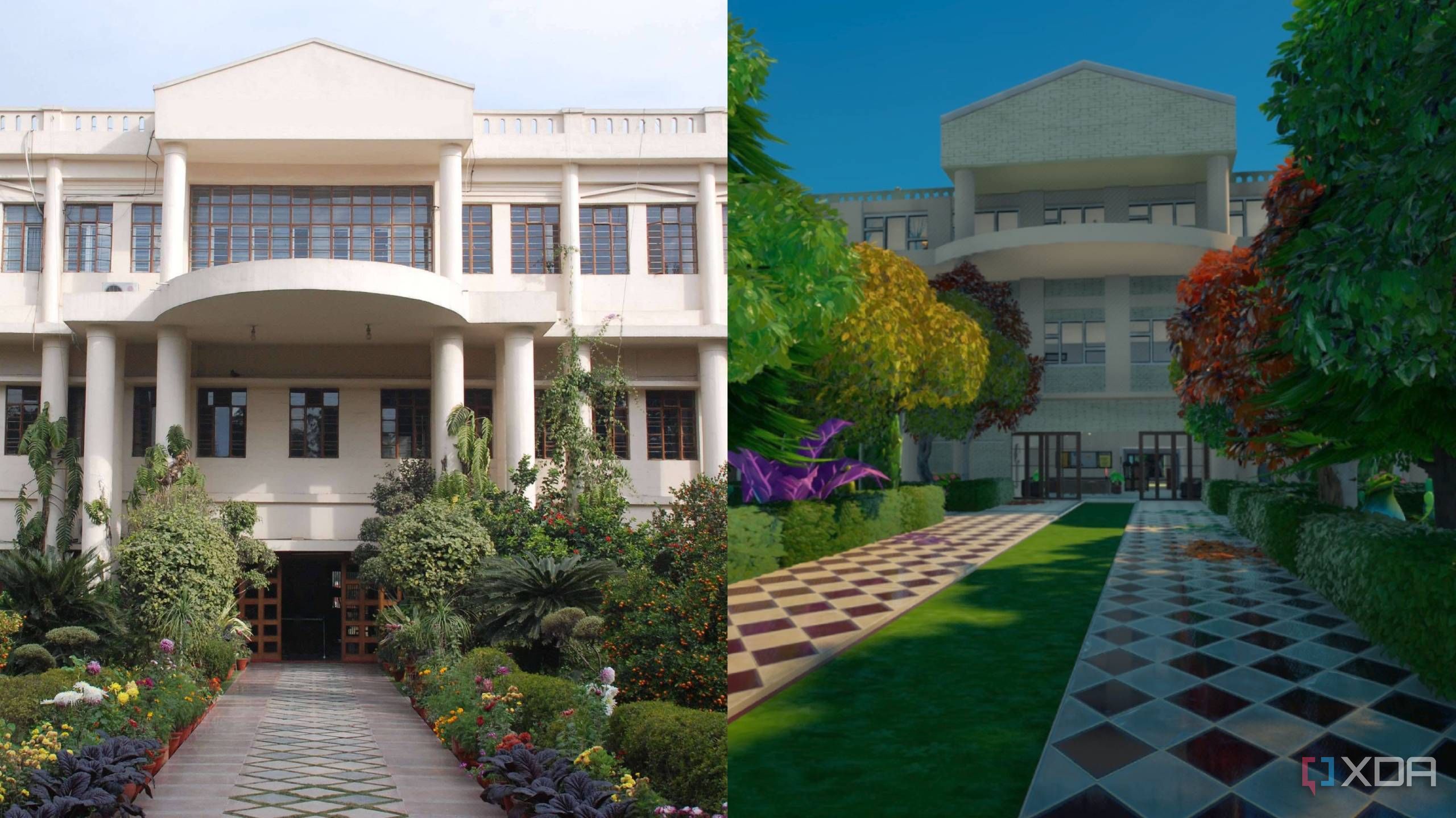 A side-by-side comparison of a high school in Fortnite and real life.