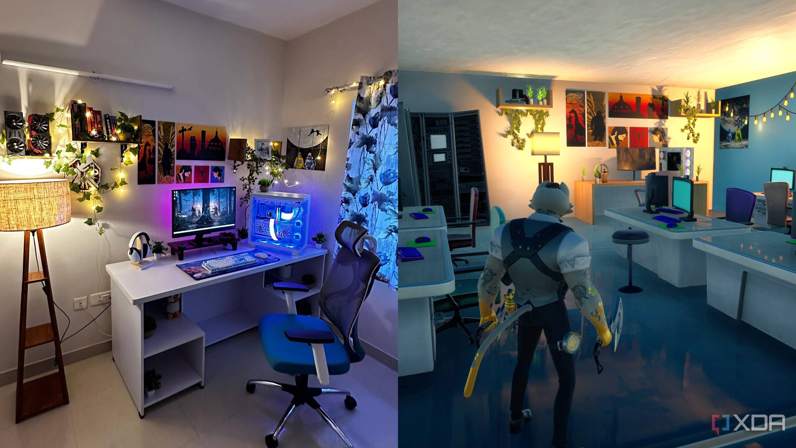A comparison of a PC workstation in real life and Fortnite.