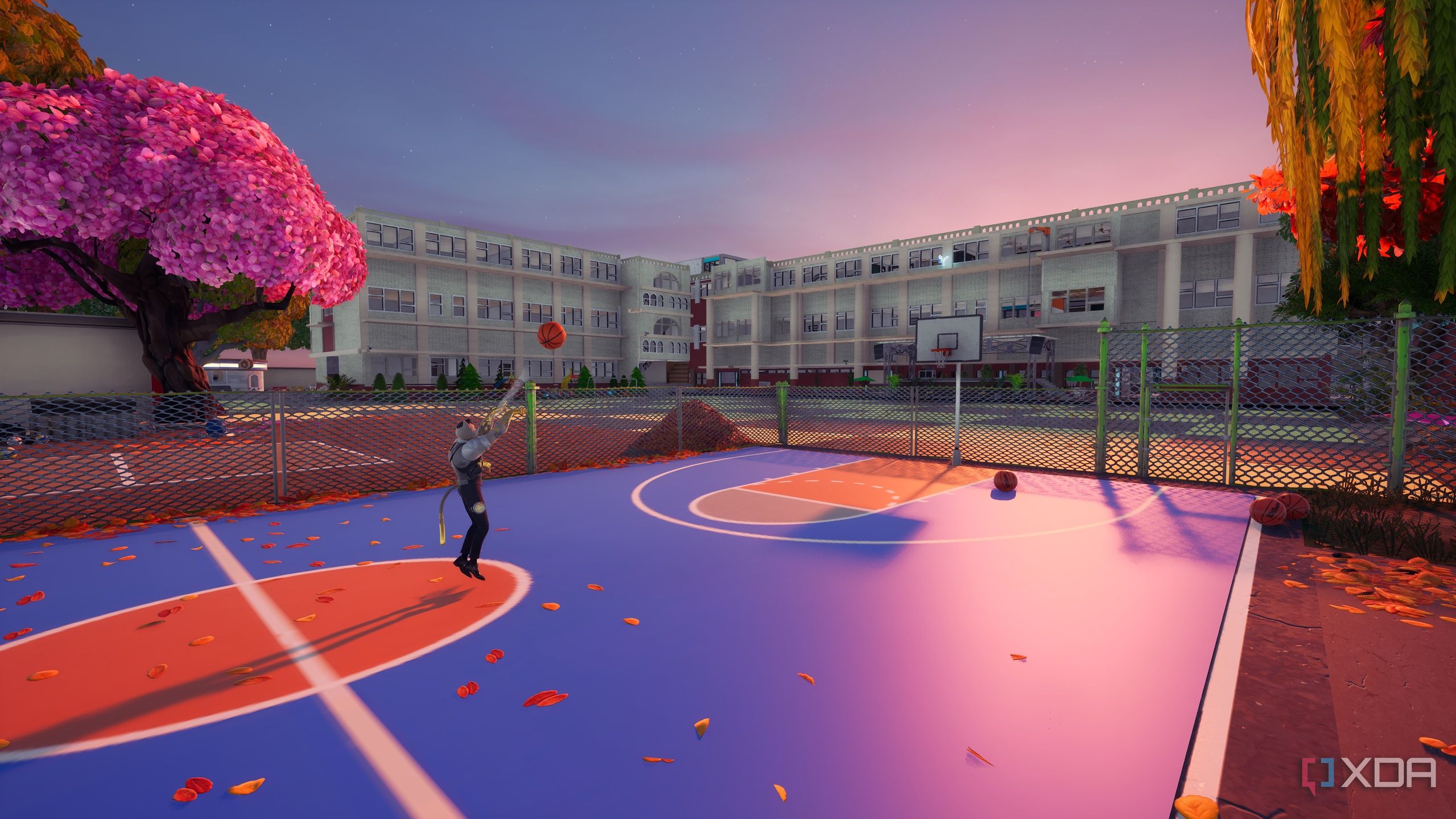 A custom map in Fortnite with a basketball court.