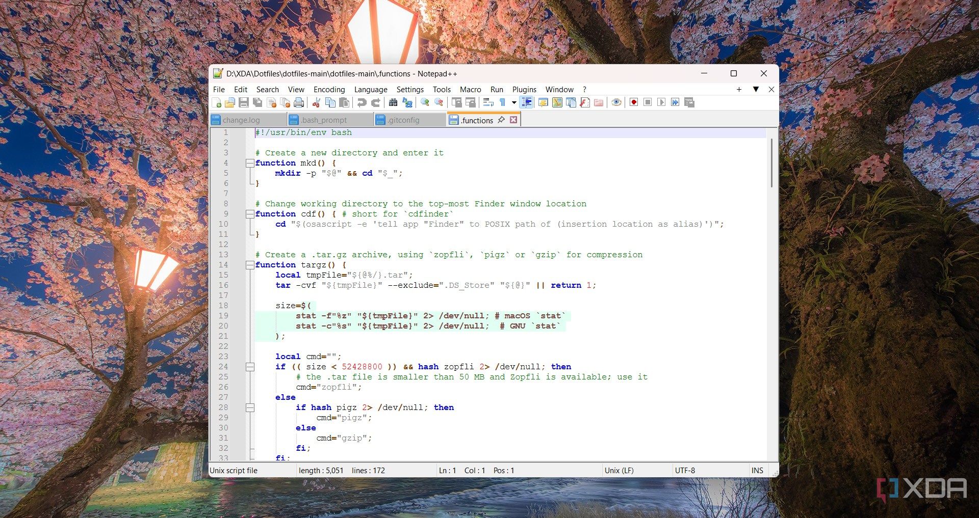 Editing the .functions dotfile in Notepad++