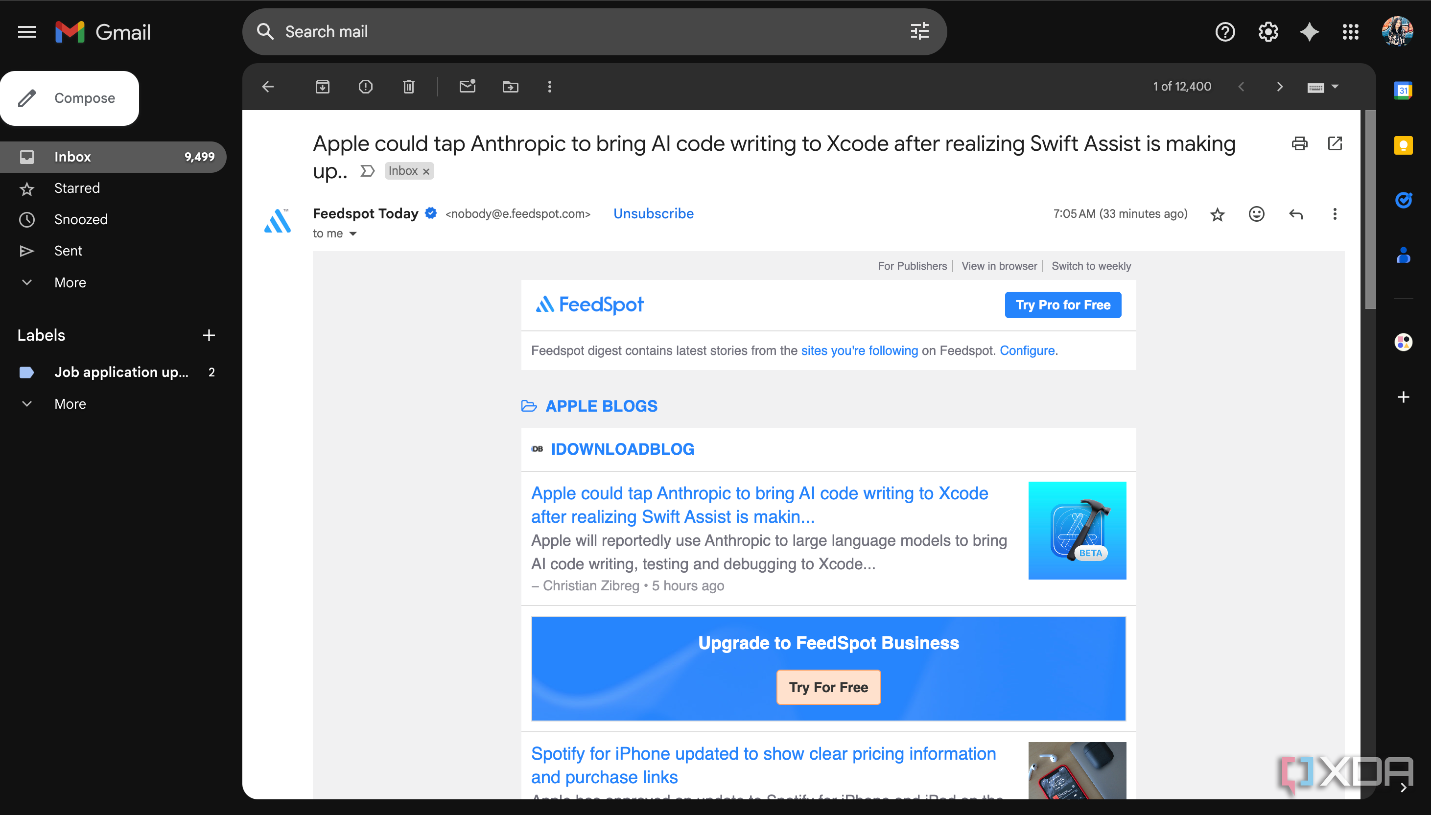 Gmail interface with dark theme enabled