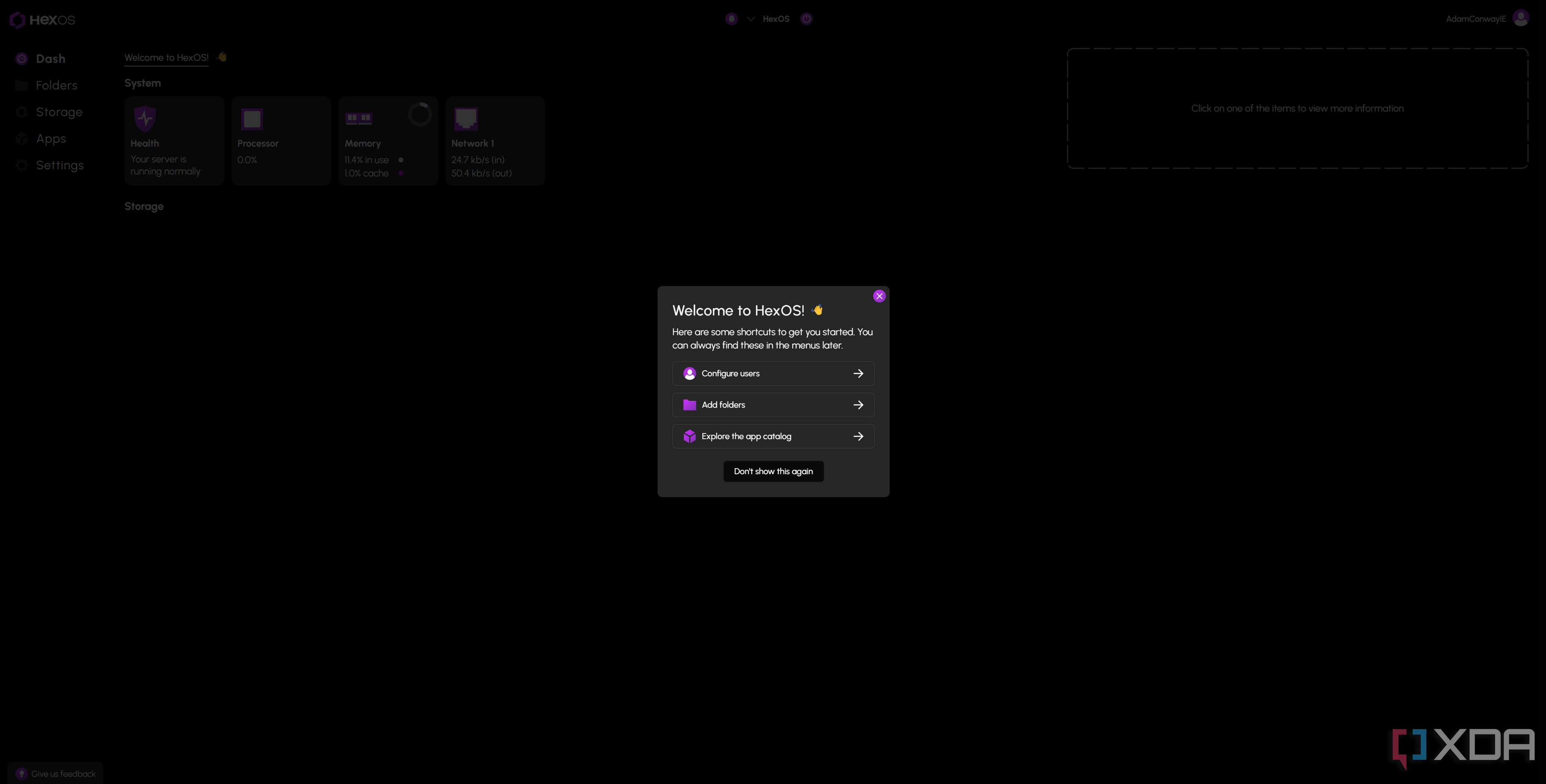 HexOS welcome dashboard