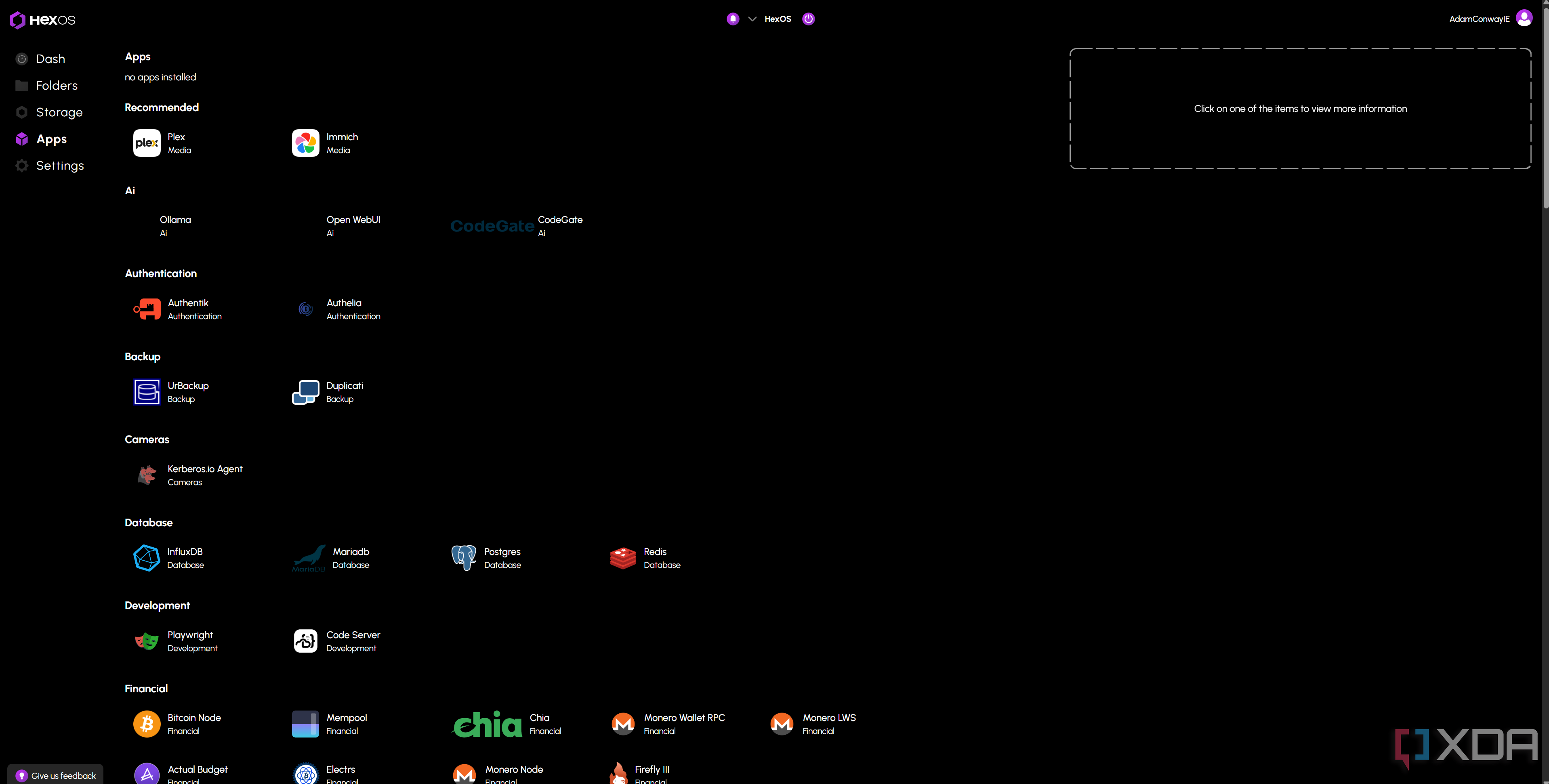 HexOS Dashboard installing apps