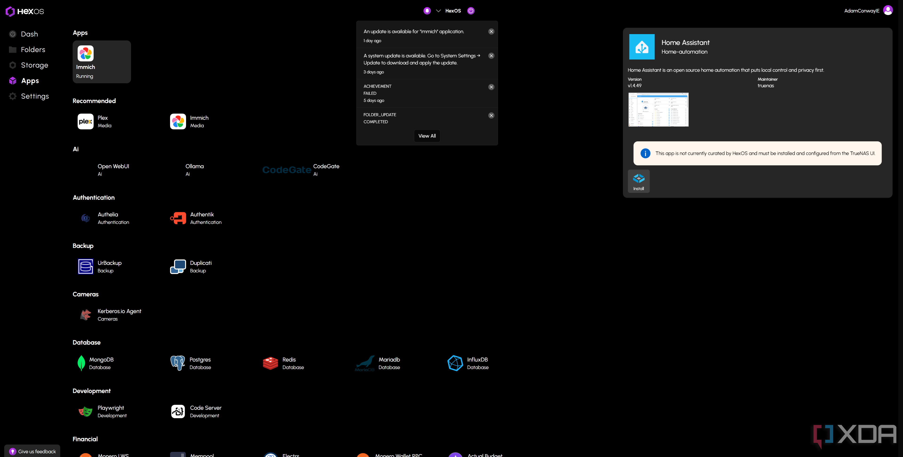 HexOS notification showing a system update, which refers to TrueNAS