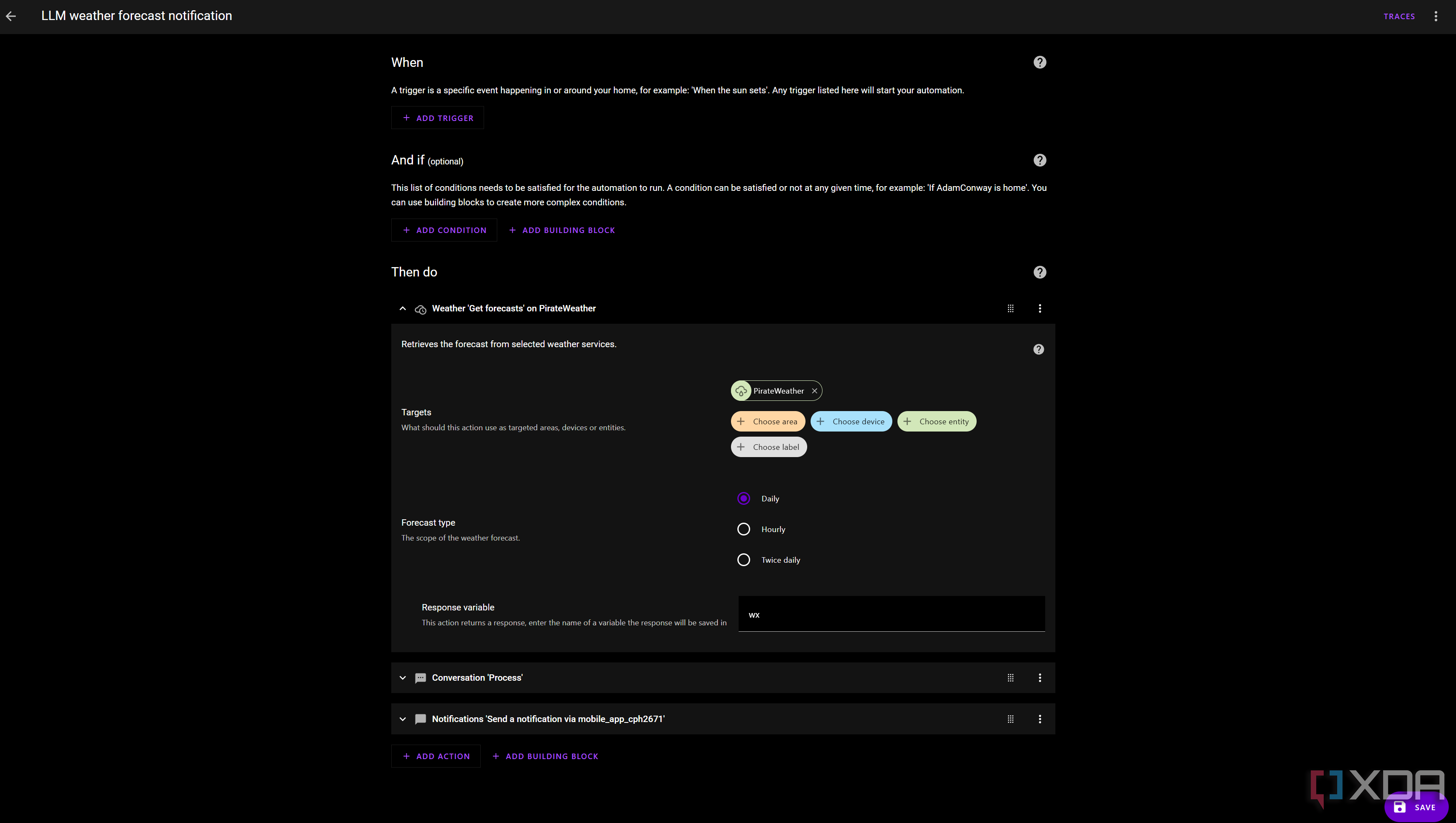 Dynamic Notification setup in Home Assistant, using Pirate Weather as our source weather