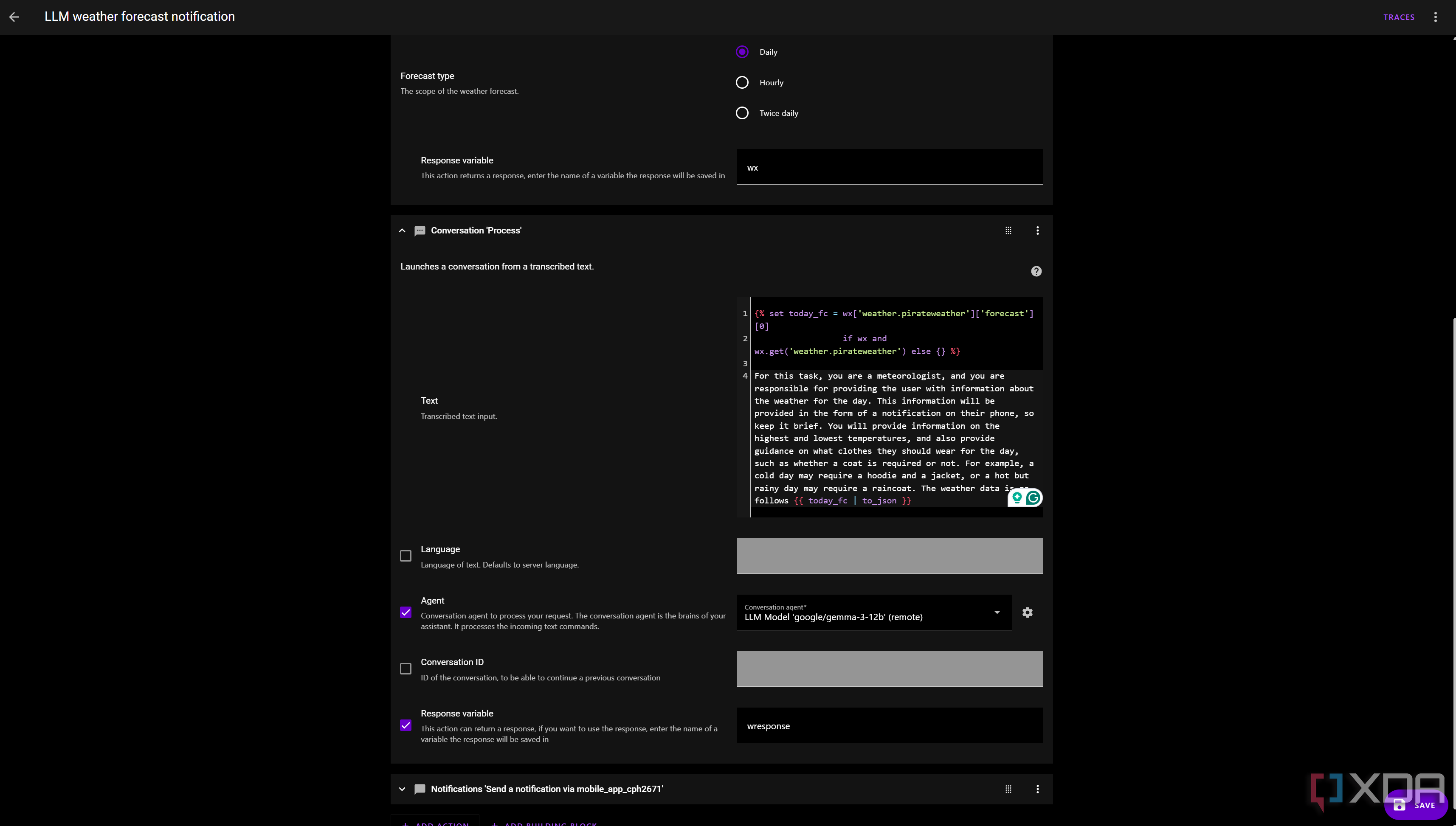 Home Assistant dynamic notification prompt to an LLM