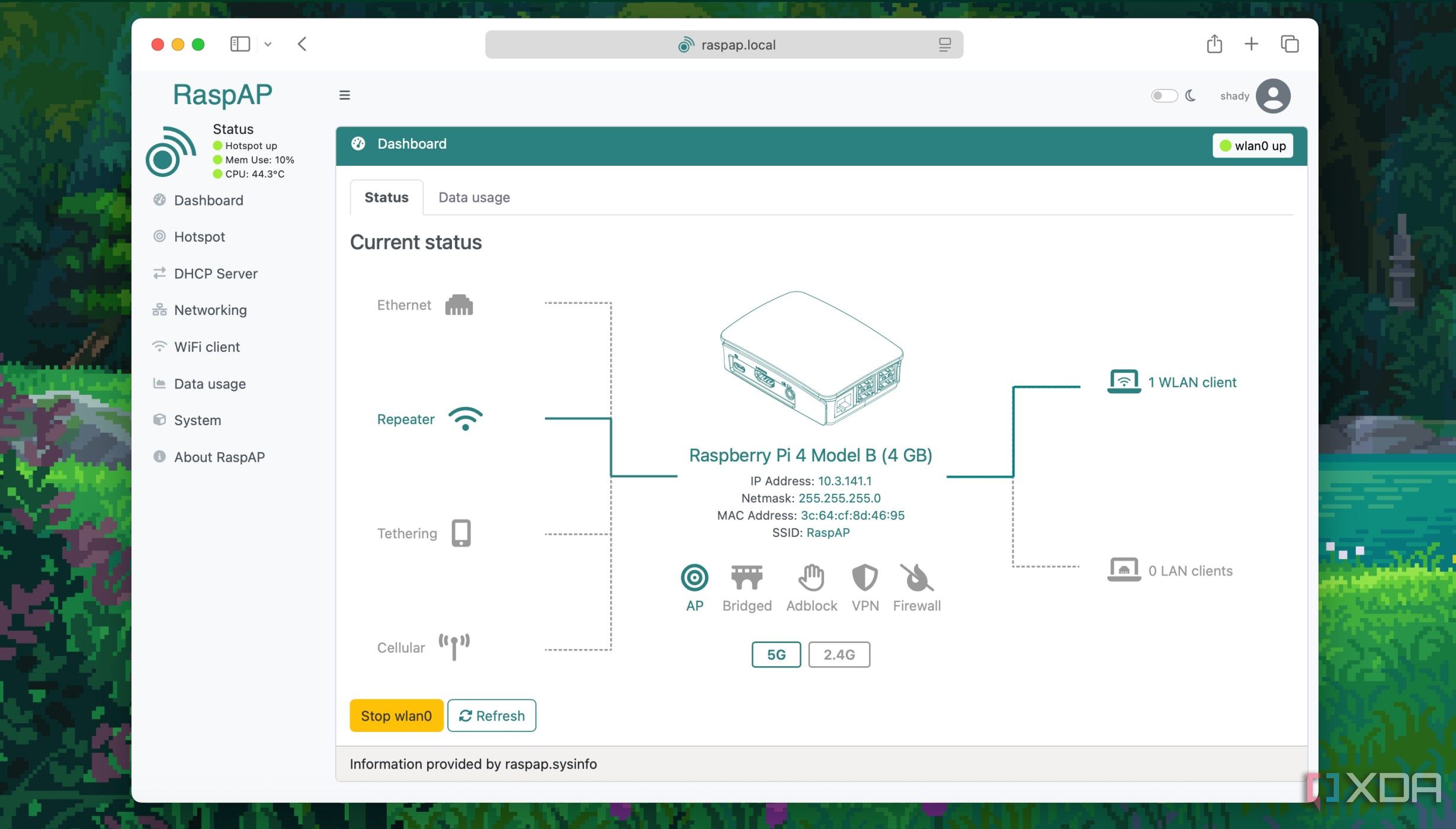 Home dashboard view of RaspAP on Raspberry Pi