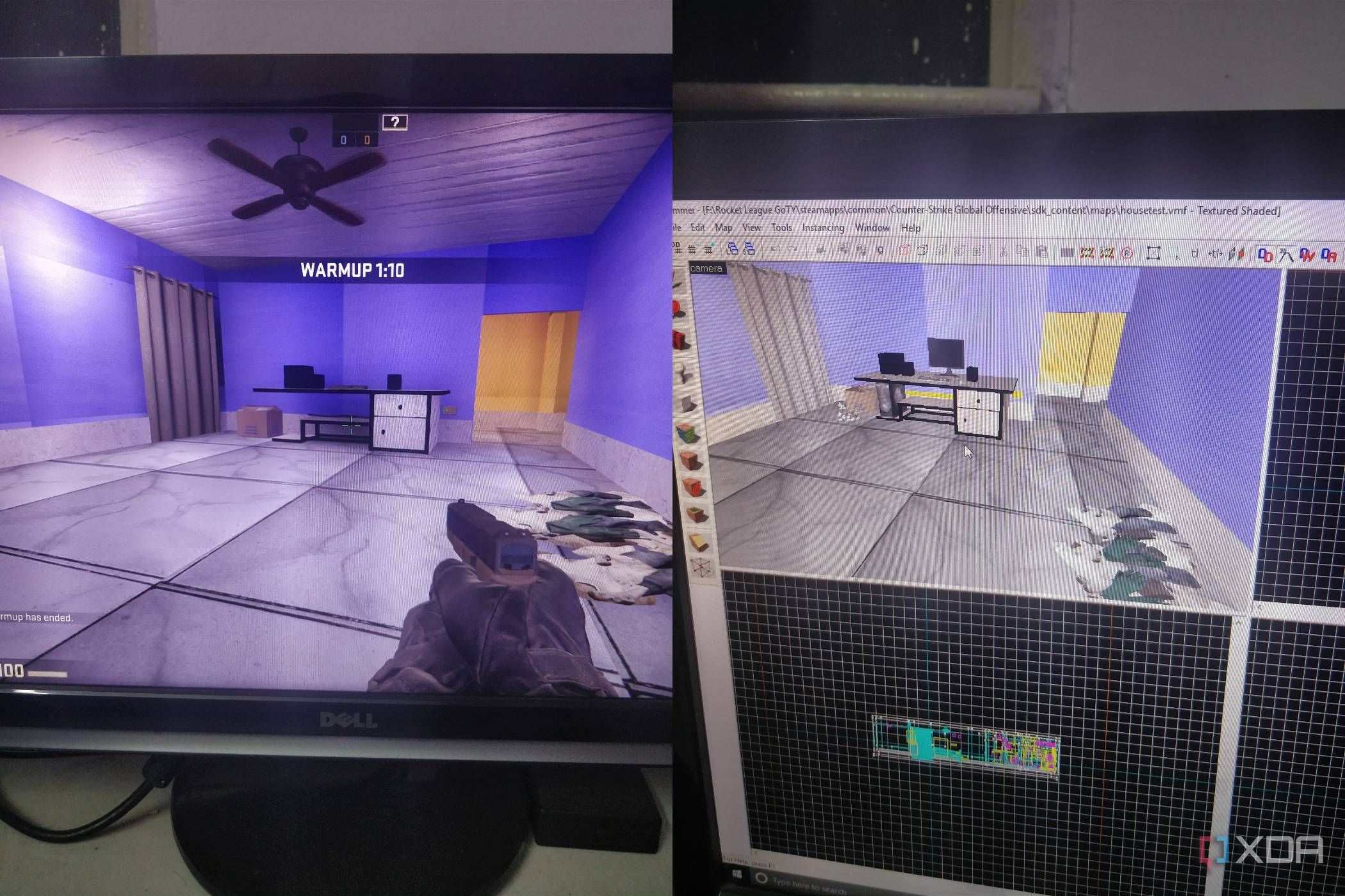 A custom CSGO map running on a monitor.