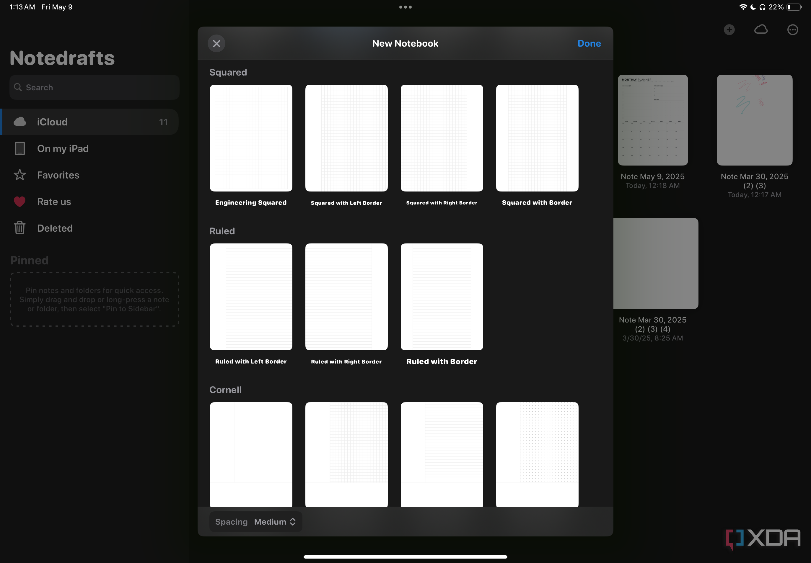 Different types of Squared, Ruled, and Cornell notes in Notedrafts