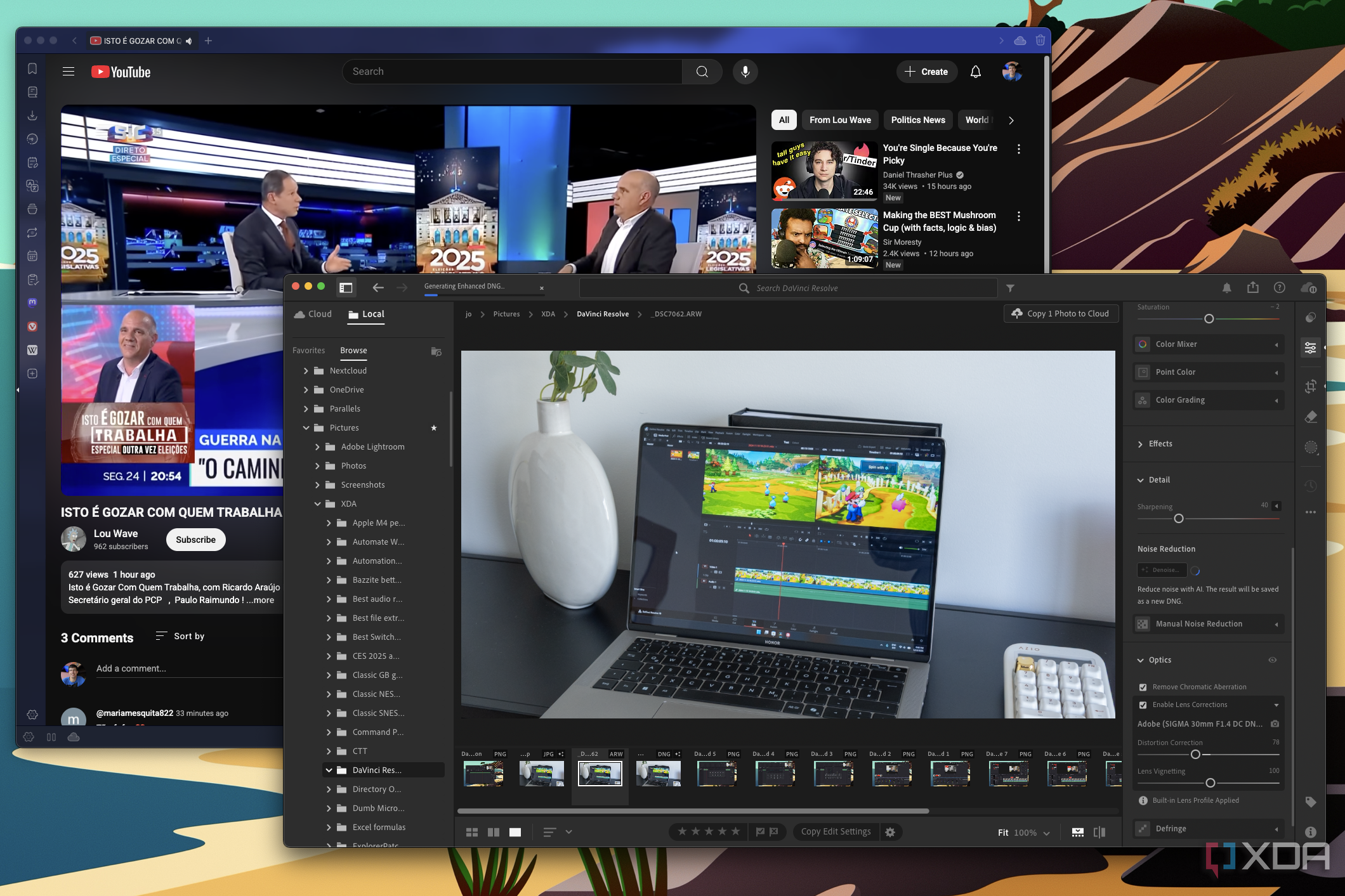 Screenshot of macOS running Adobe Lightroom and VIvladi playing a YouTube video in the background