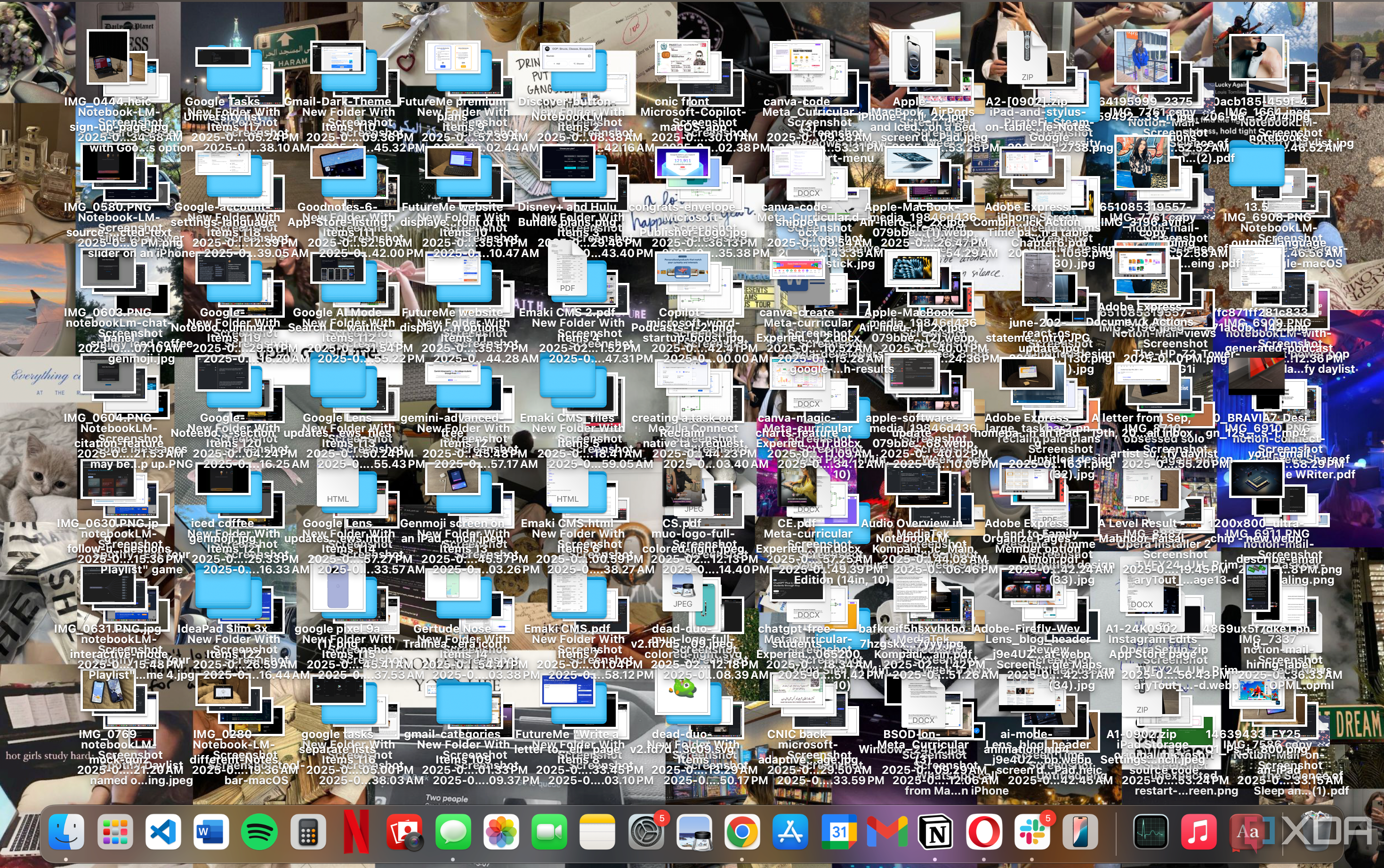 Pantalla de MacBook desordenada llena de capturas de pantalla y carpetas