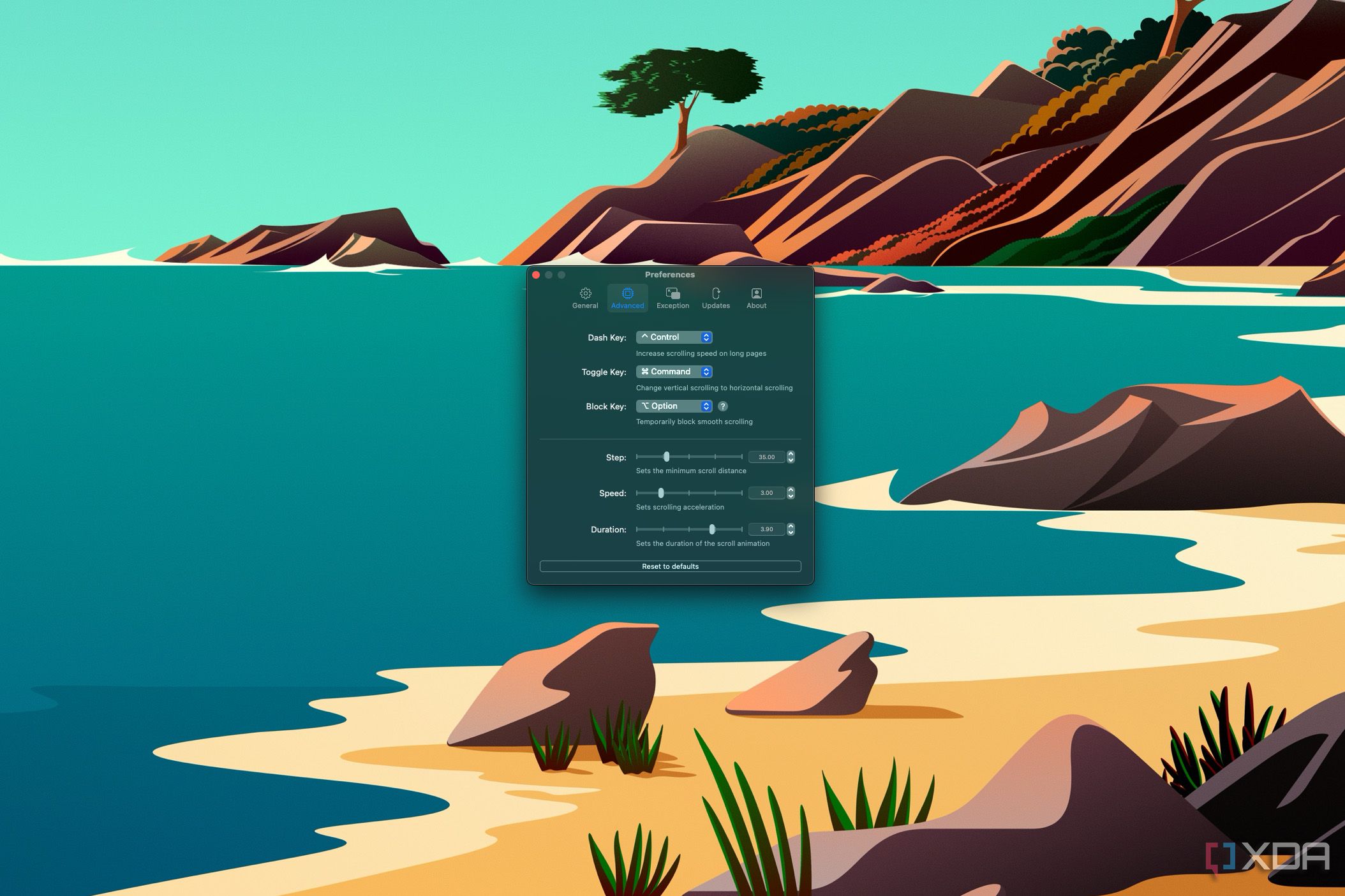Captura de pantalla de la configuración avanzada de MOS que muestran varias opciones relacionadas con el desplazamiento