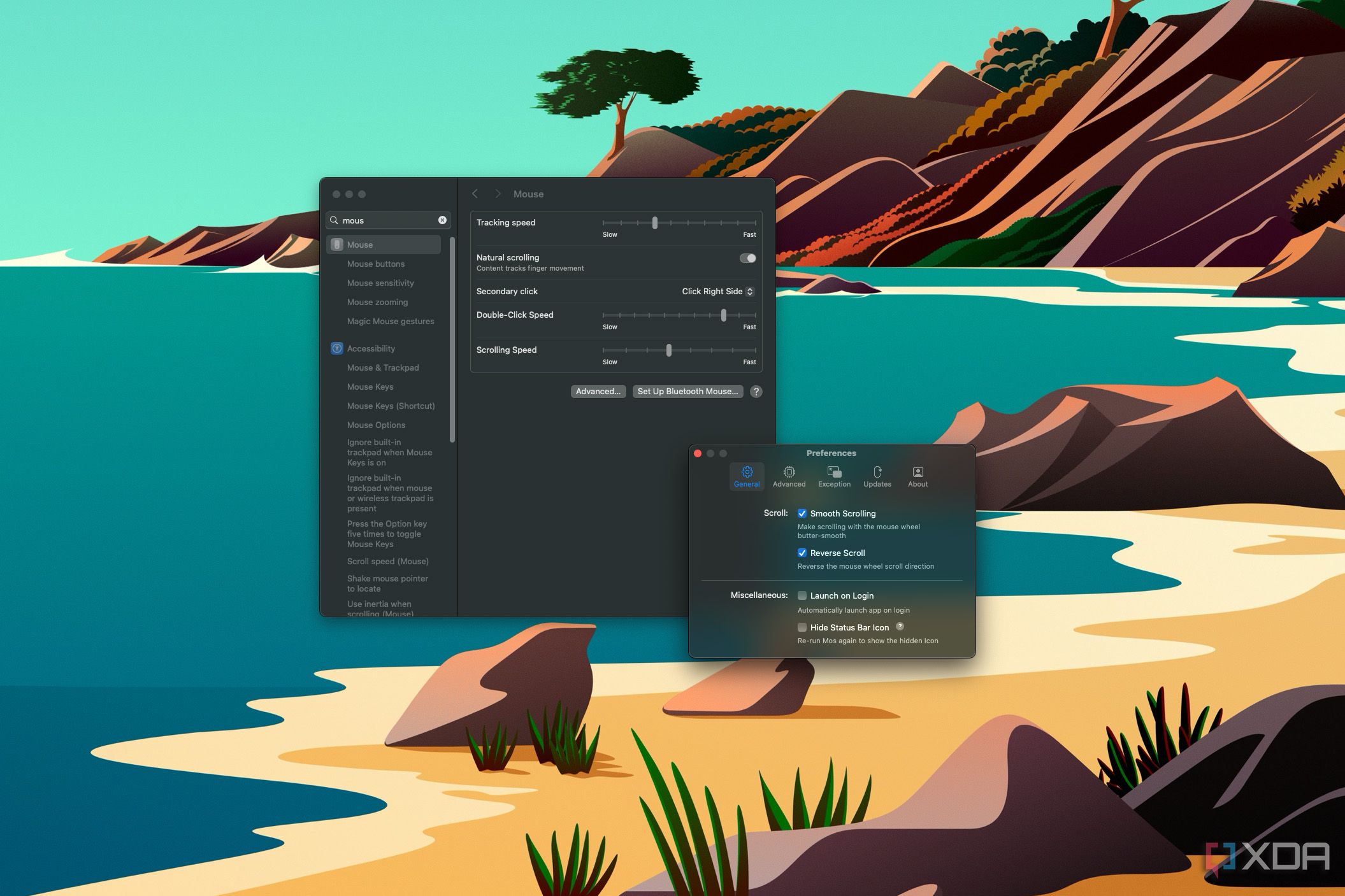 Captura de pantalla de la configuración de MacOS y la aplicación MOS que muestra opciones de desplazamiento del mouse