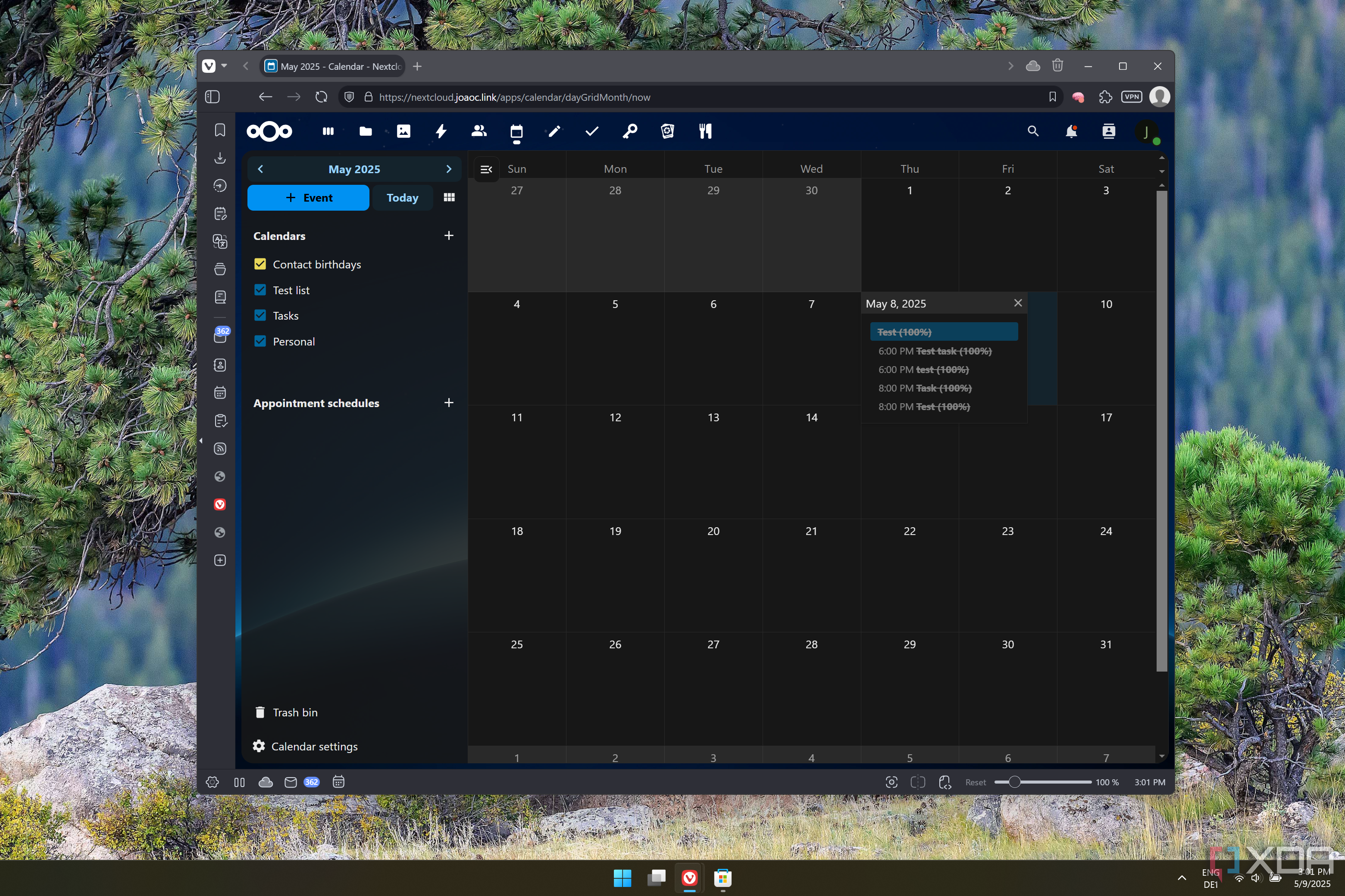 Screenshot of the Nextcloud Calendar web UI showing an expanded view of all the events in a selected day