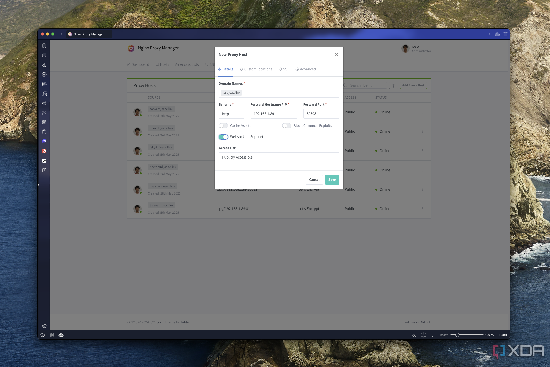 Screenshot of Nginx Proxy Manager creating a new proxy host