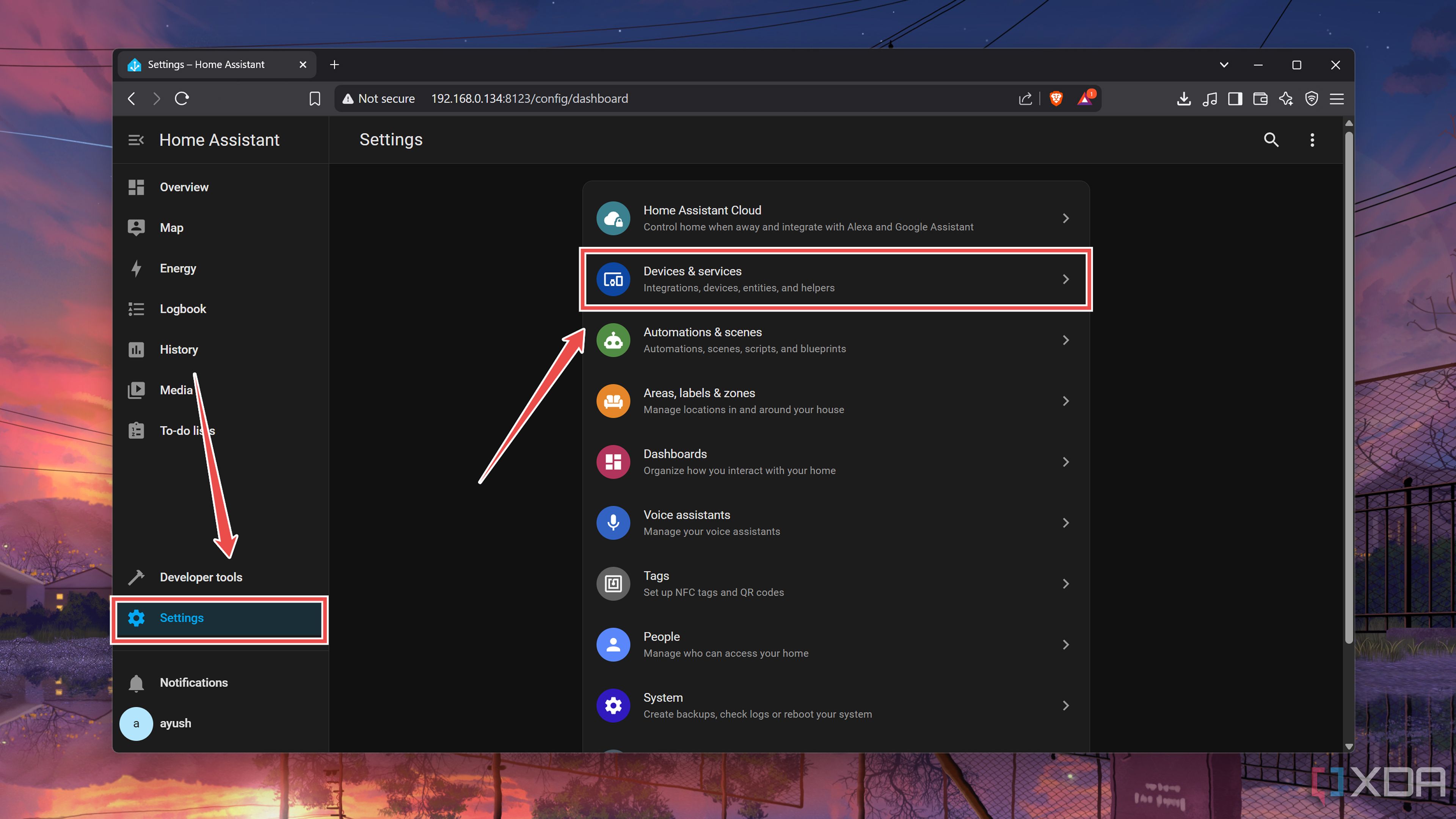 Accessing the Devices and Services section in HASS