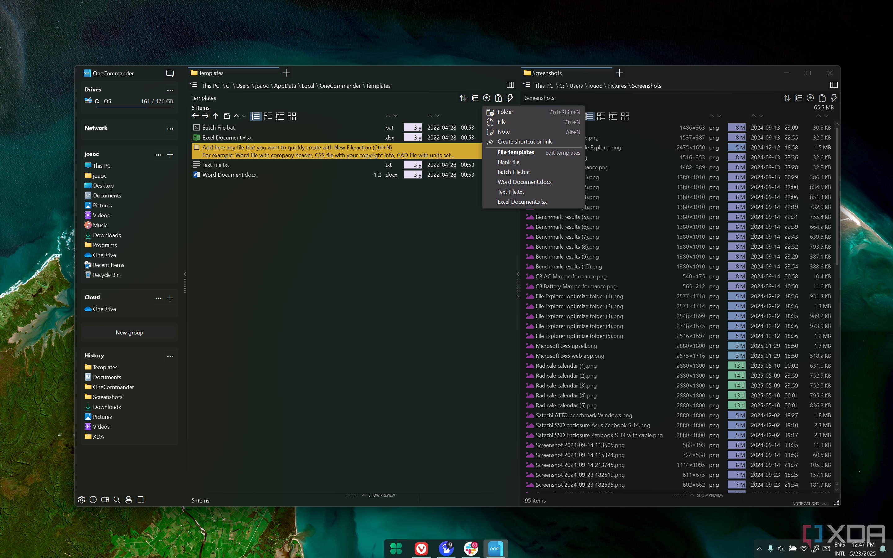Screenshot of OneCommander showing the templates folder and the template menu