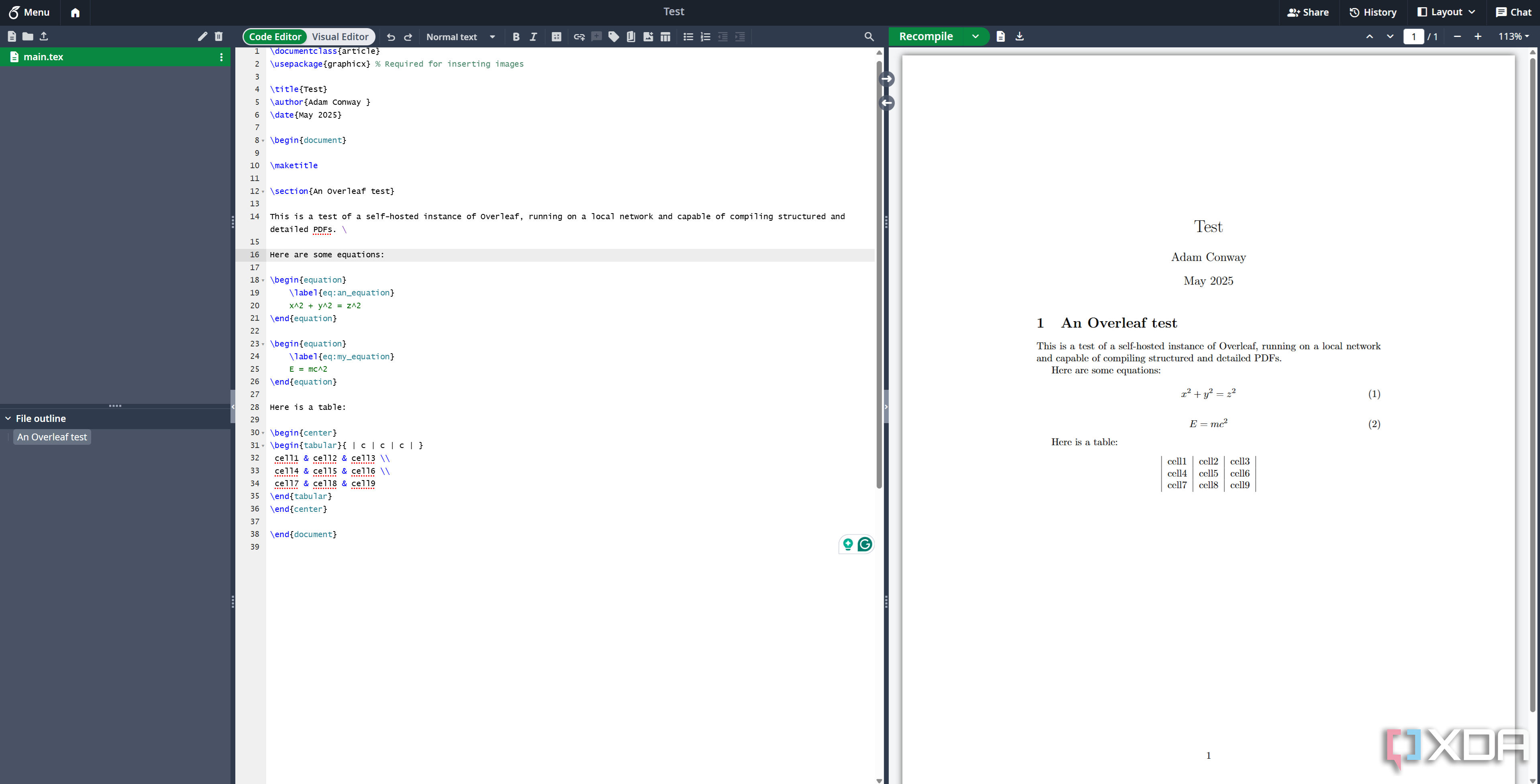 Showing a test document in a self-hosted Overleaf instance