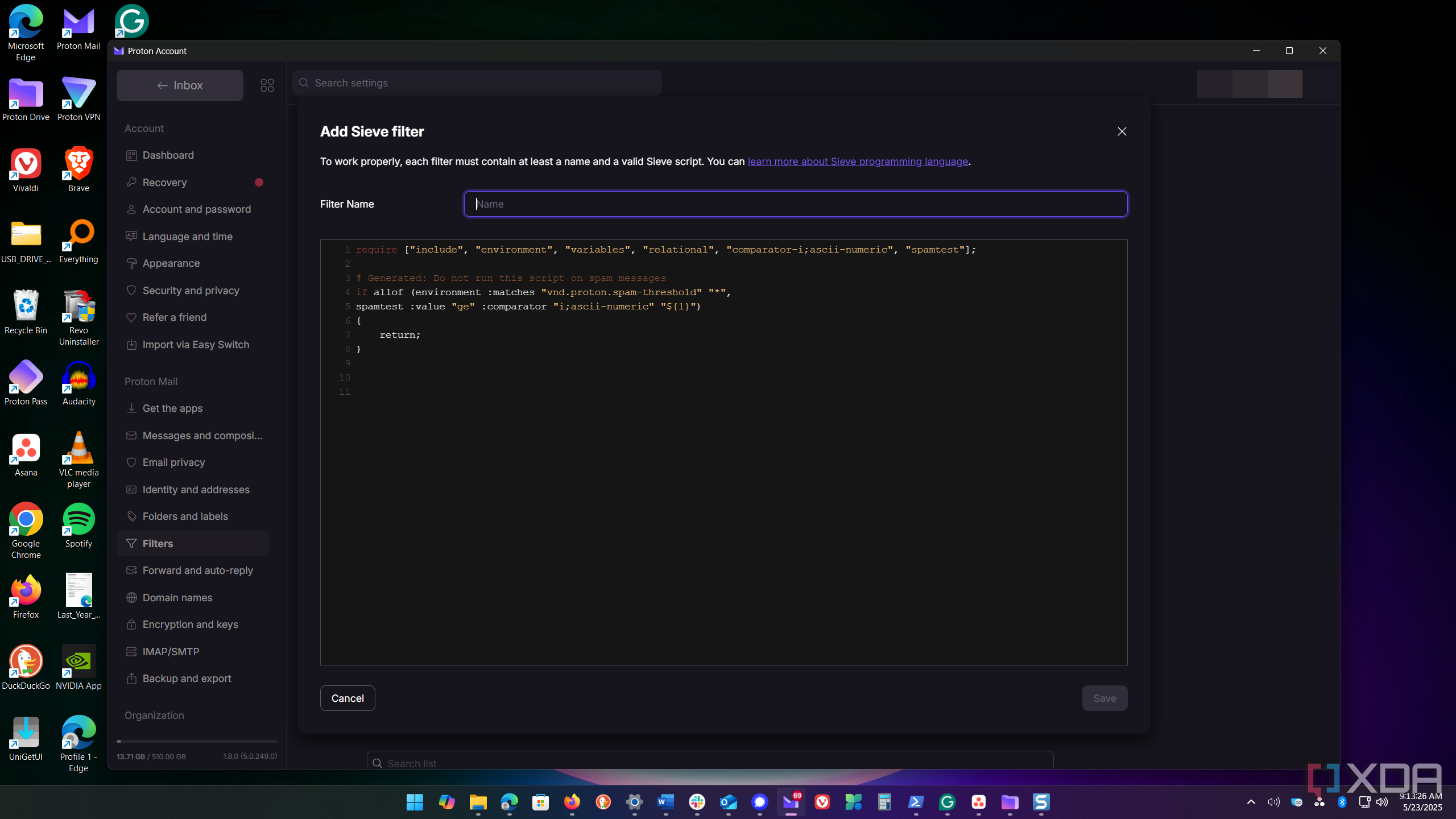 Shows Proton Mail filters using Sieve code
