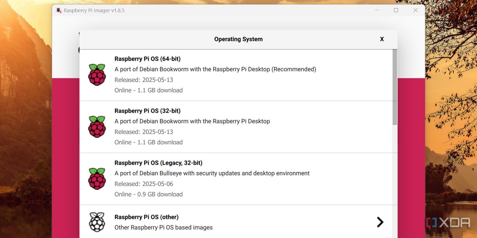 screenshot of raspberry pi imager app os selection