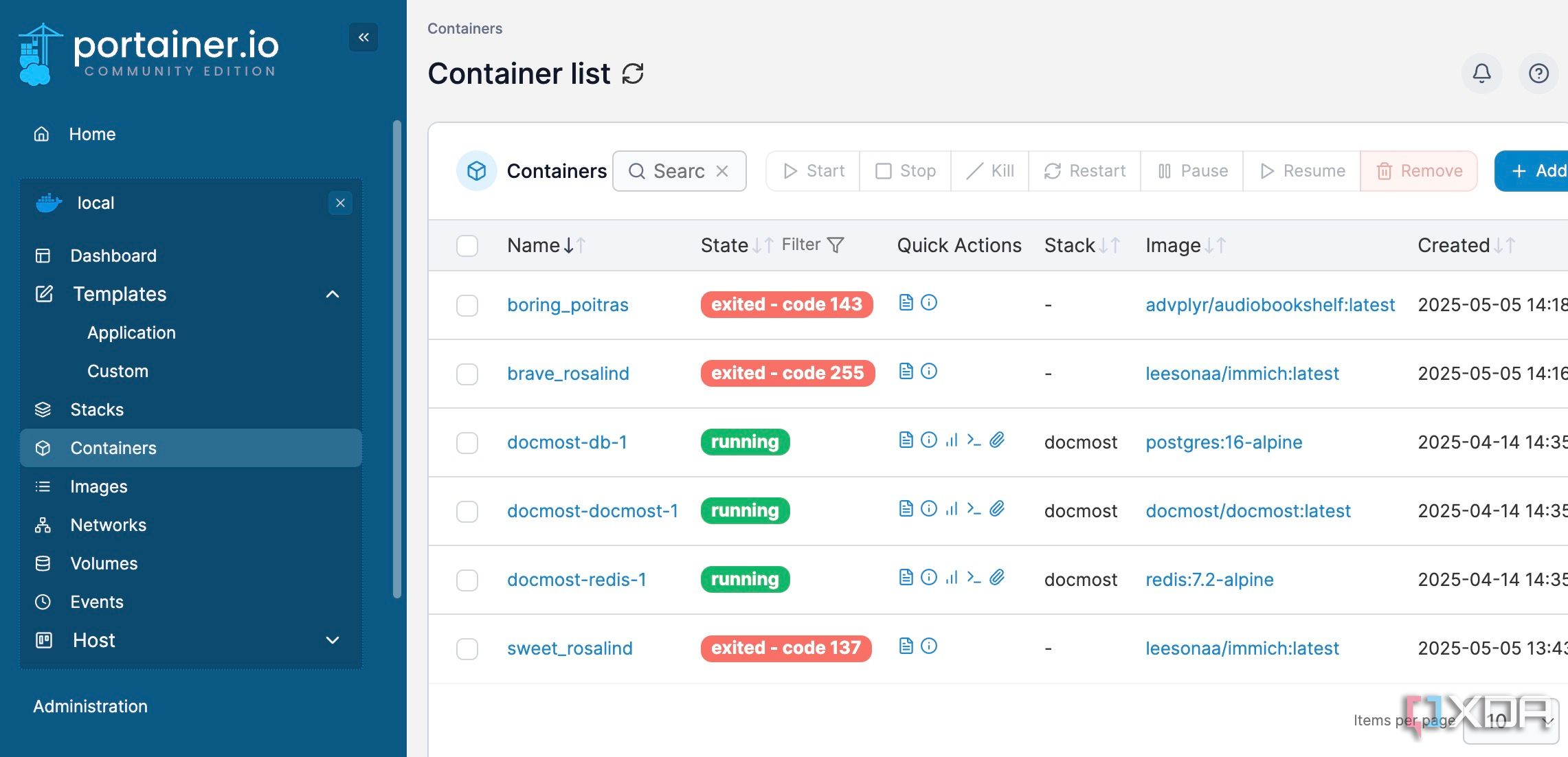 Portainer continares list