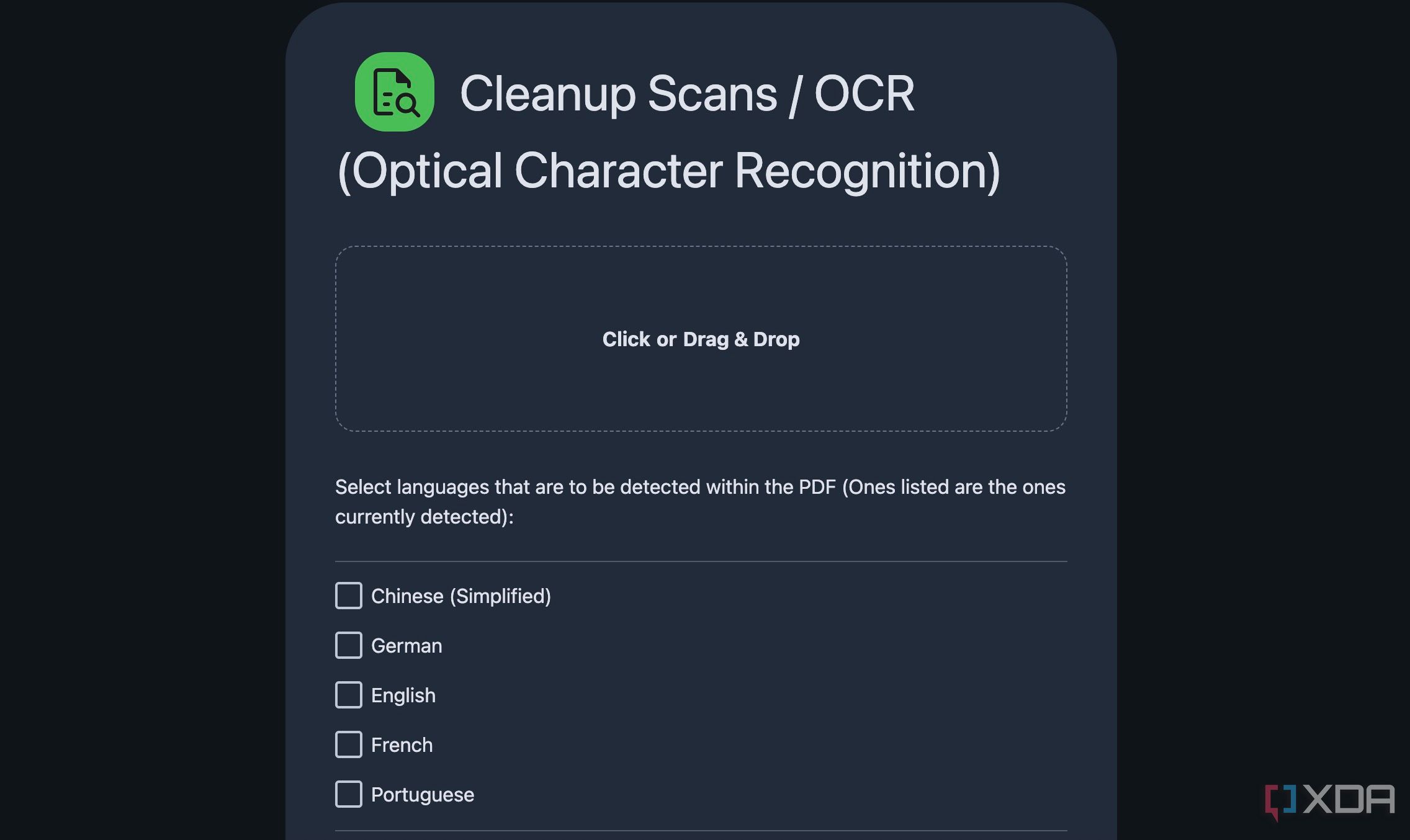 Stirling PDF OCR menu