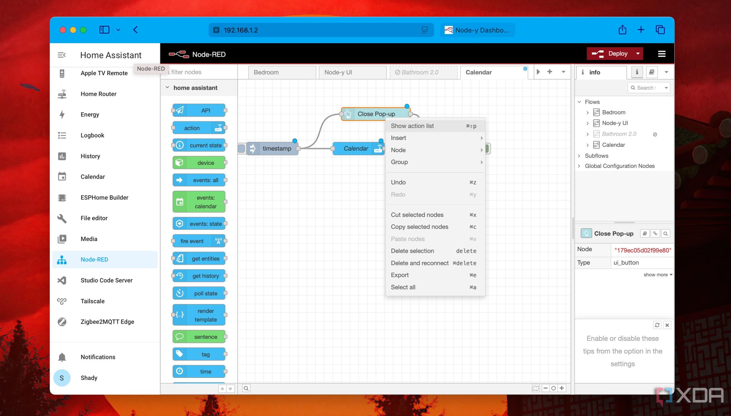 Right-click options for a node in Node-RED with Home Assistant
