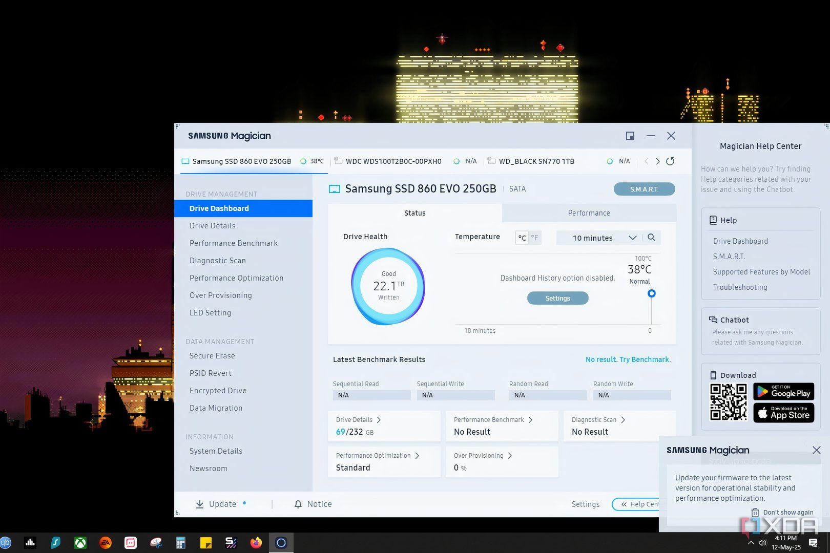 Screenshot of Samsung Magician software running on Windows 10