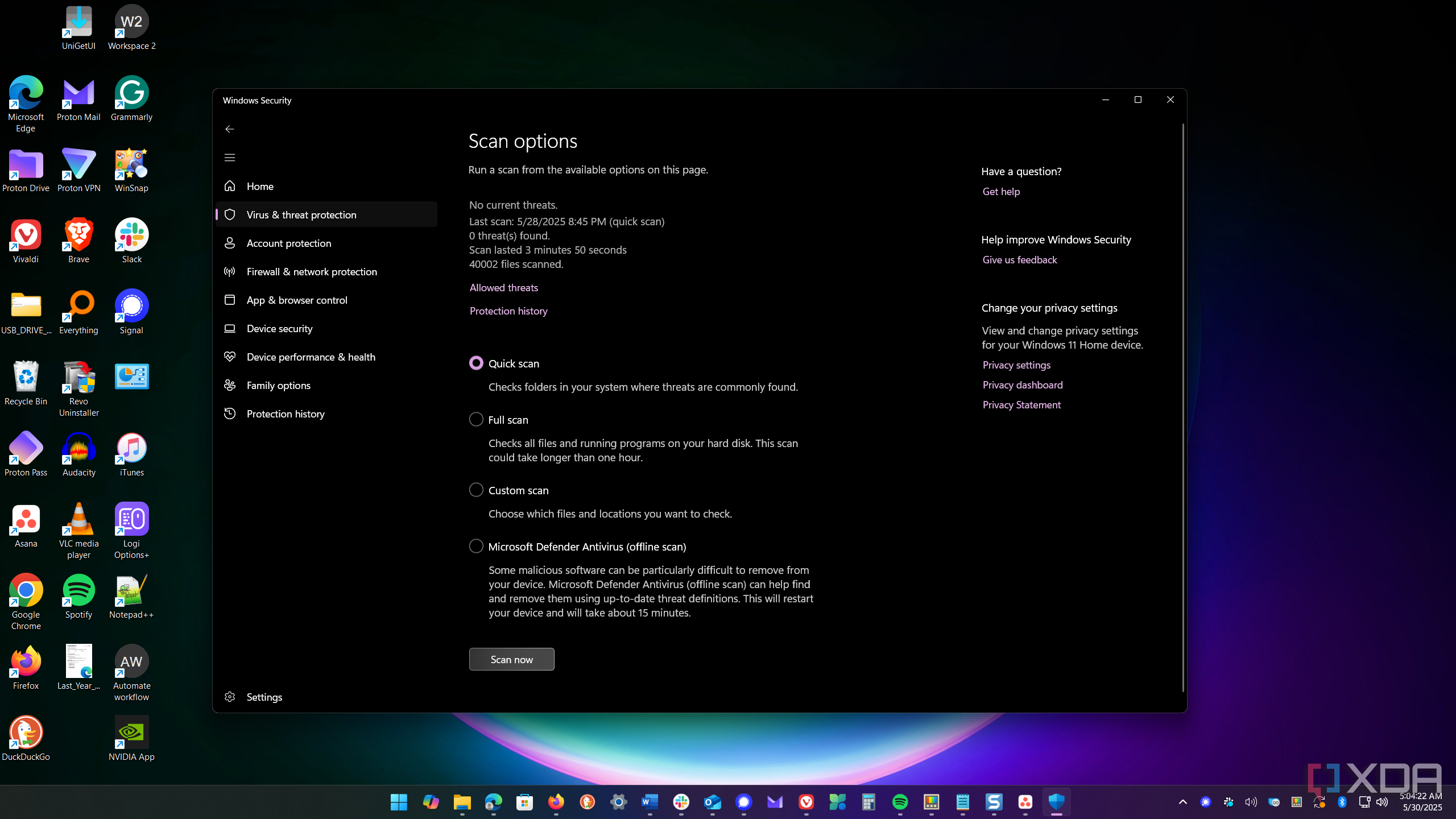 shows scan now options in Windows security