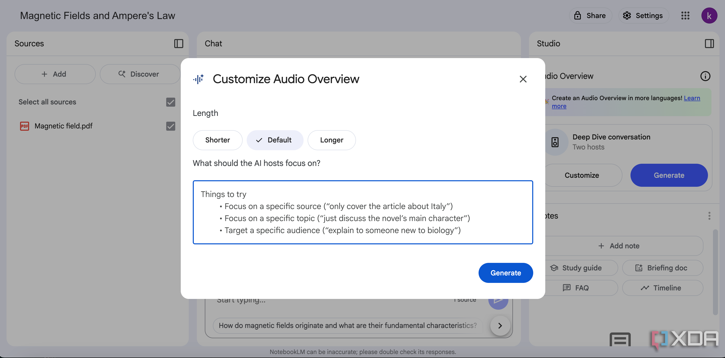 NotebookLM's Customize Audio Overview textbox with Length options