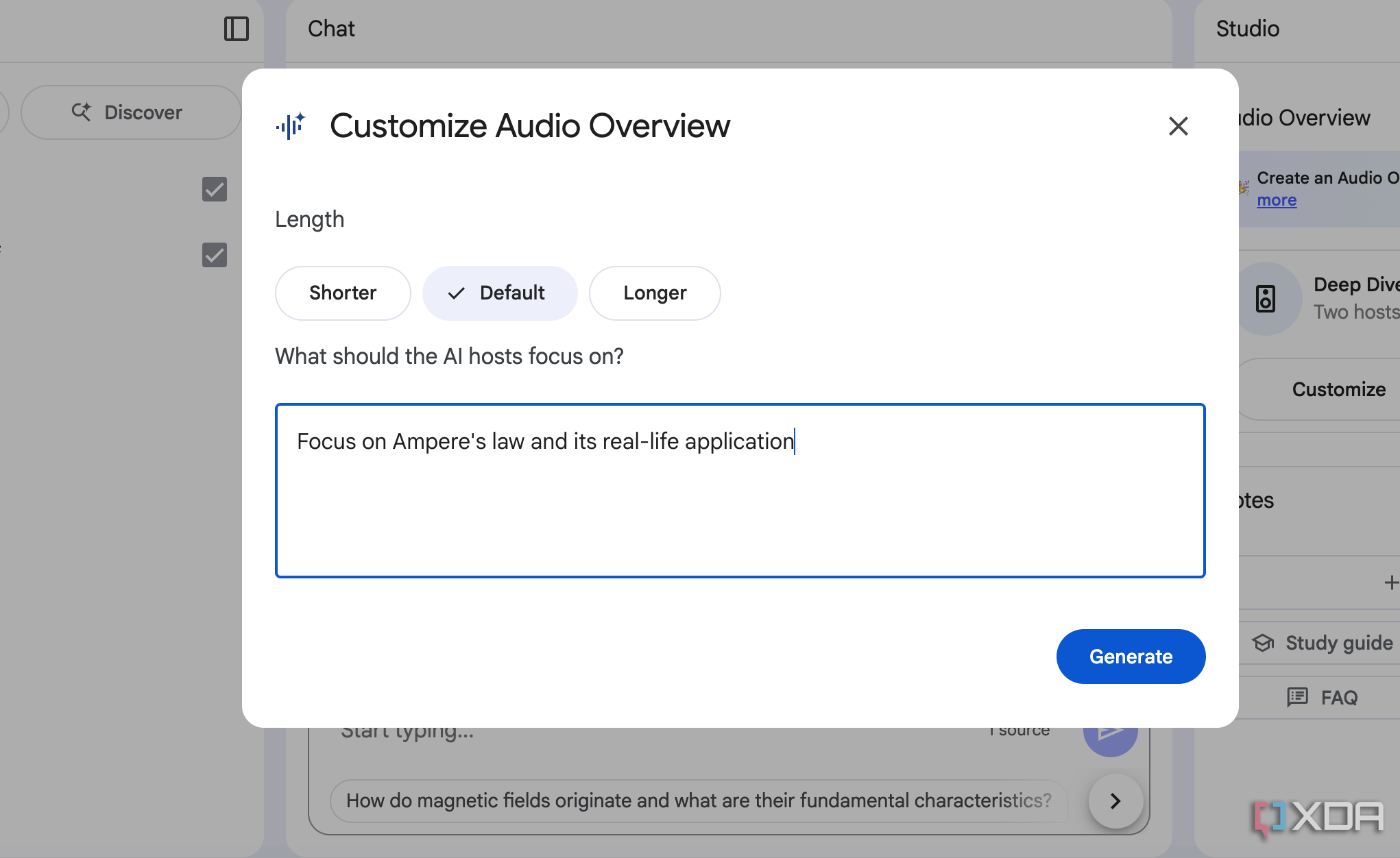 Nudging NotebookLM's AI to focus on a specific topic in the Customize box