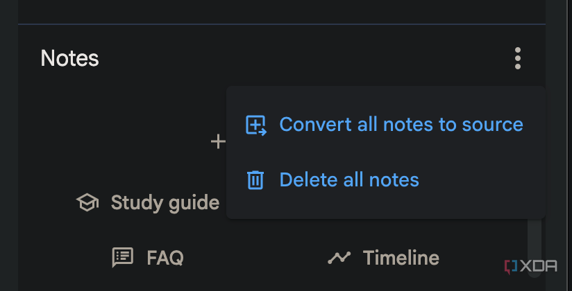 Convert all notes to source option in NotebookLM