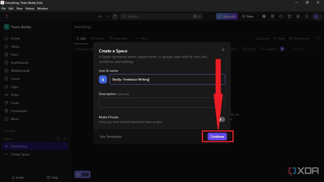 Type space name and click continue