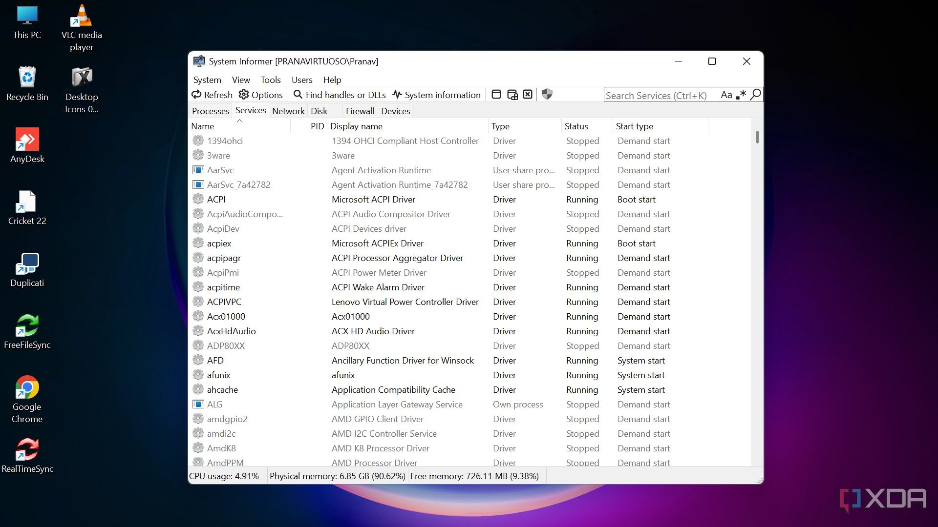 System Informer Services tab