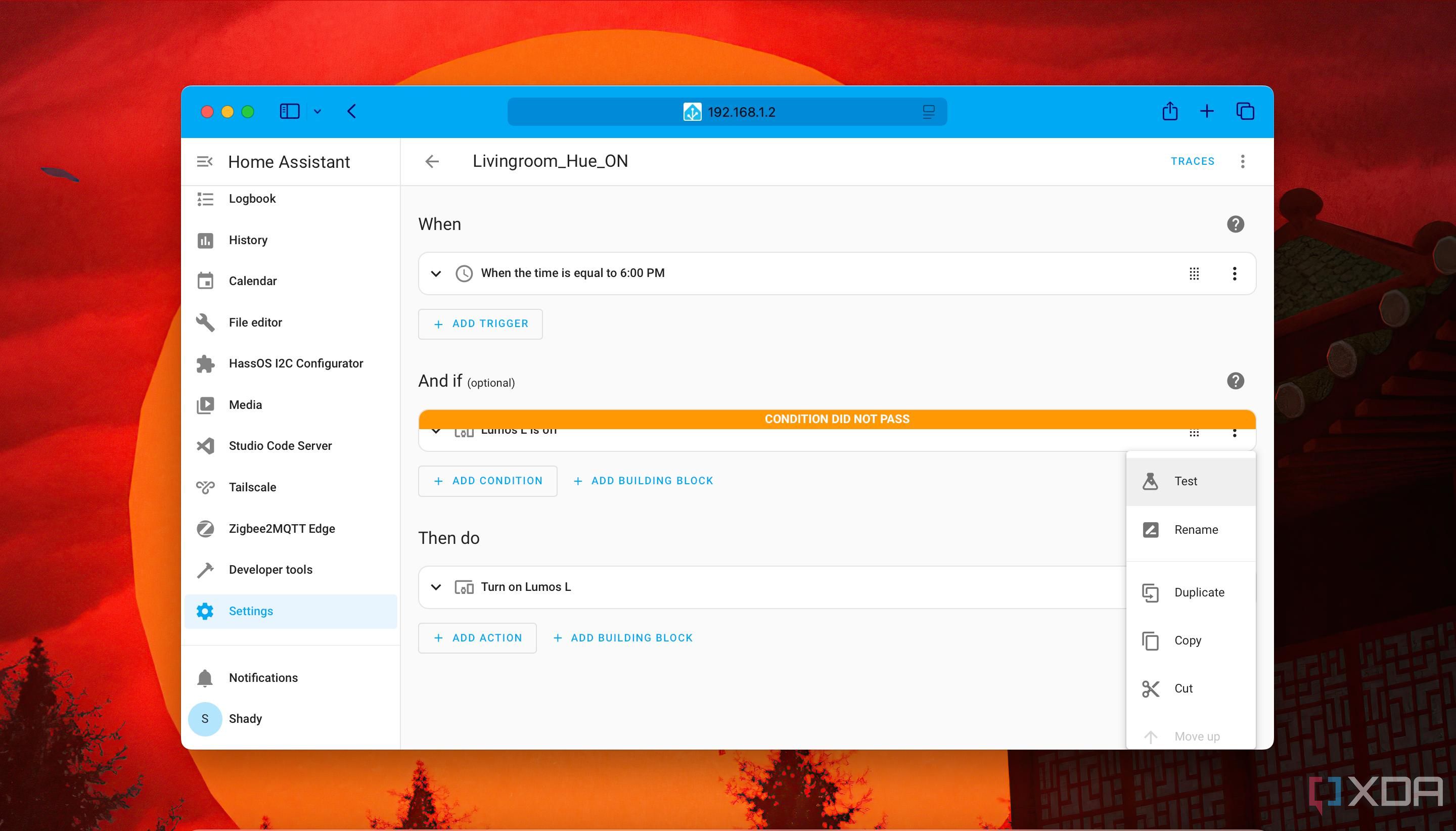 Testing individual actions of an automation in Home Assistant