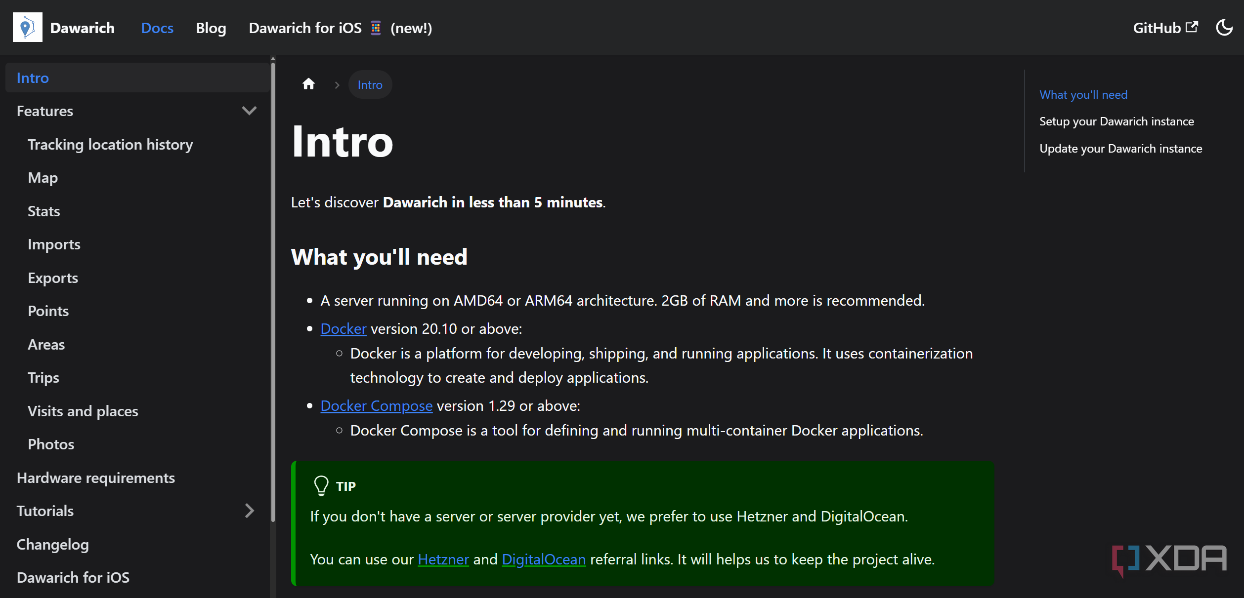 the dawarich website with docker instructions