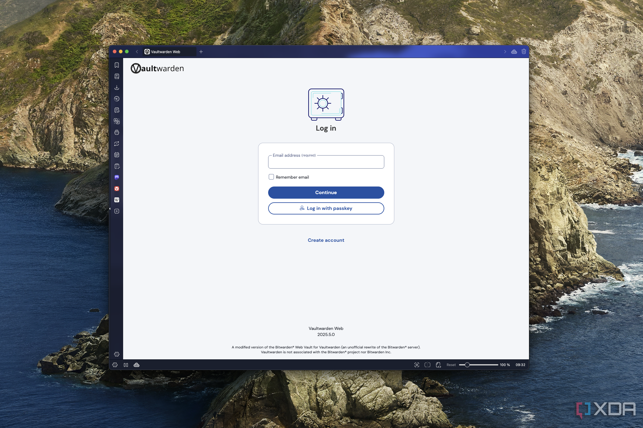 Screenshot of a Vaultwarden login page