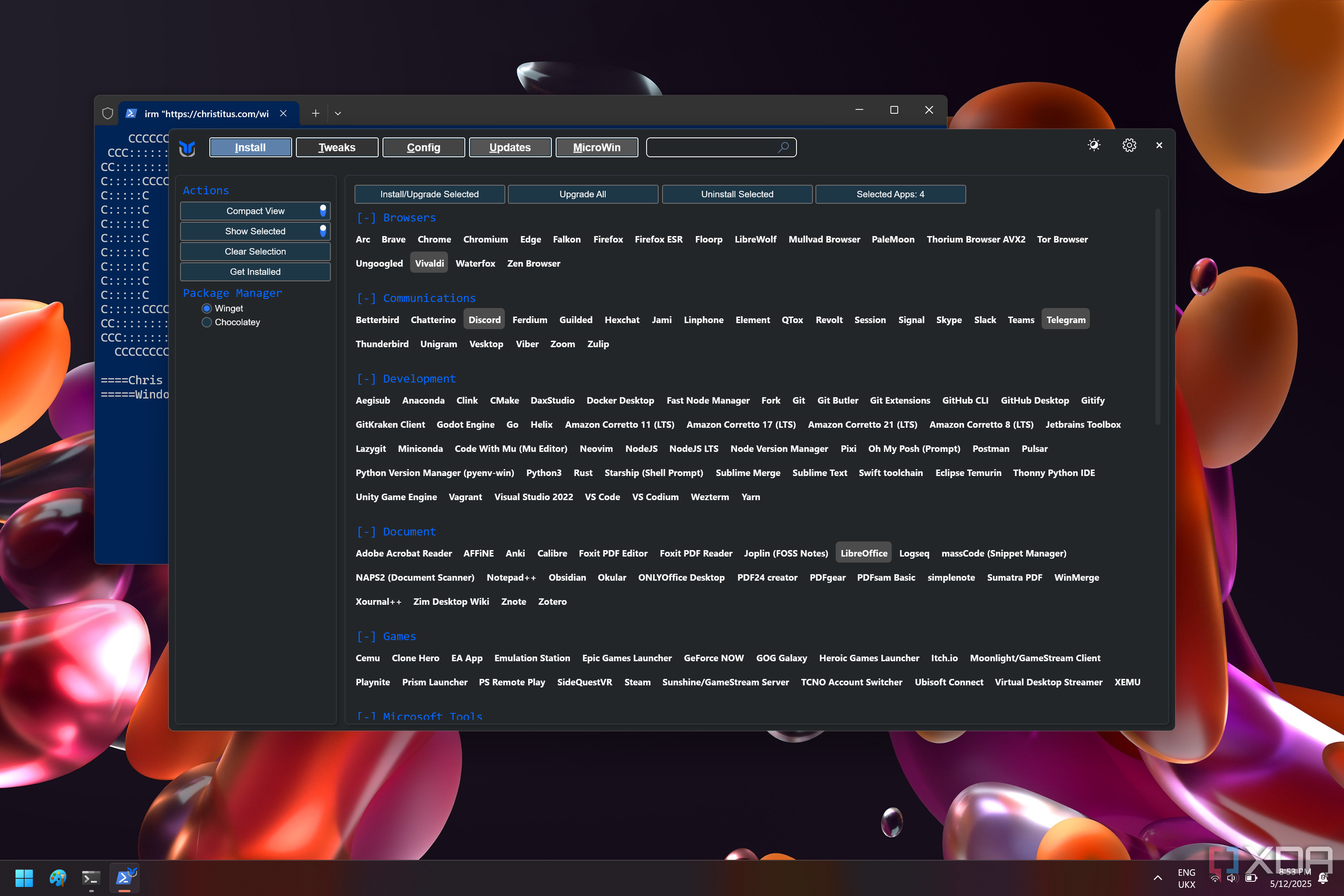 Screenshot of the app install screen in Windows Utility with a few apps selected