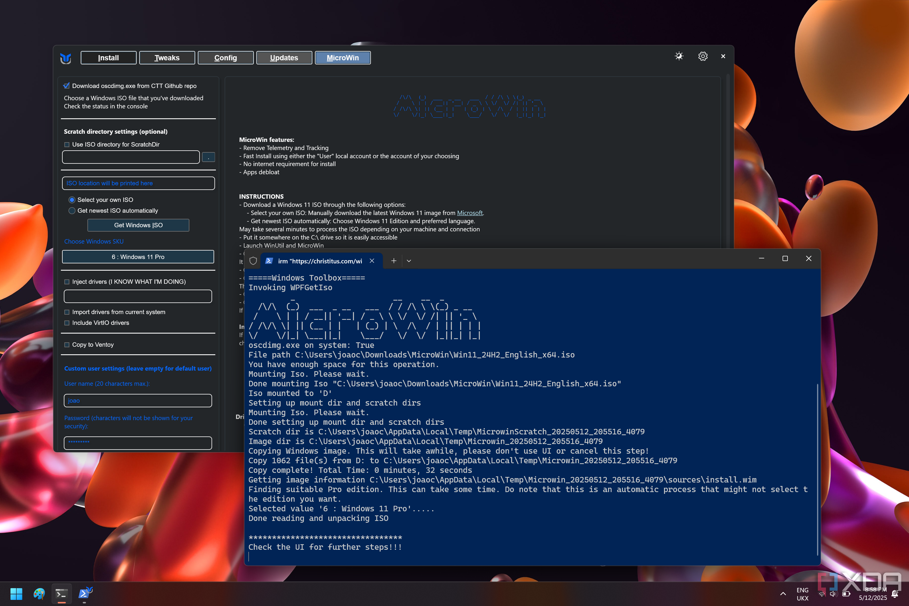 Screenshot of Windows Utility running the MicroWin tool to create a lighter Windows ISO