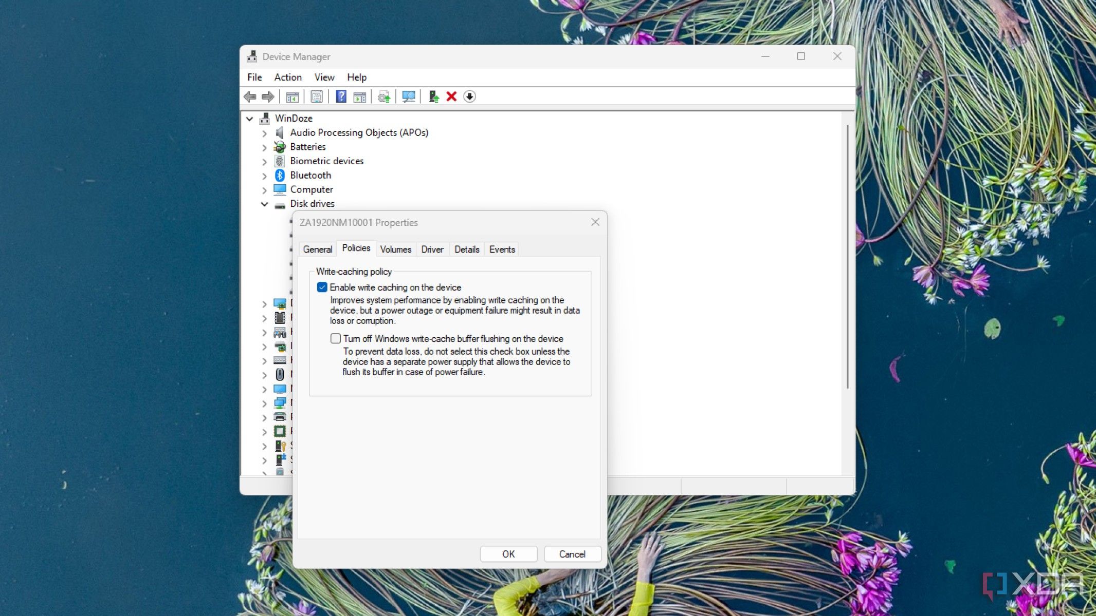windows device manager showing write caching enabled on a storage drive