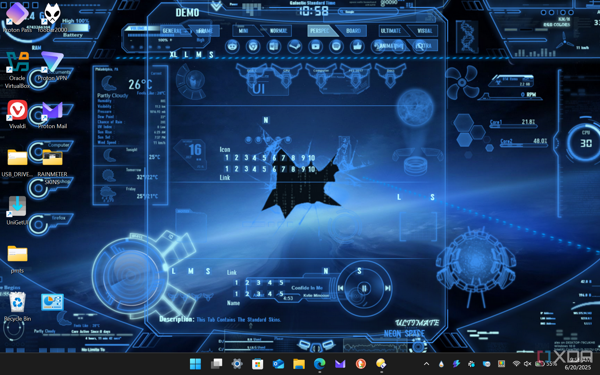 shows installing neon space rainmeter theme