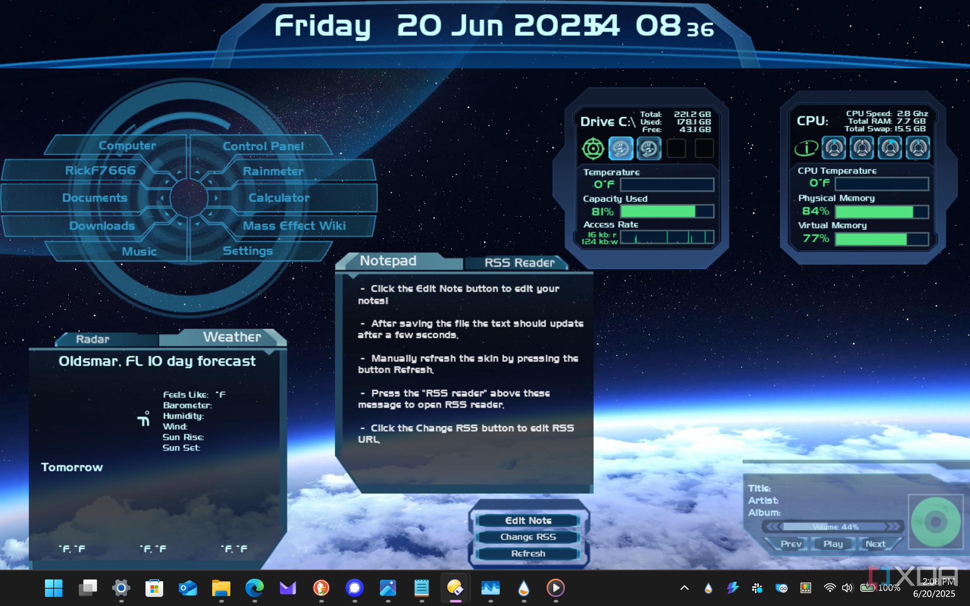 shows mass effect rainmeter skin on Windows 11 laptop