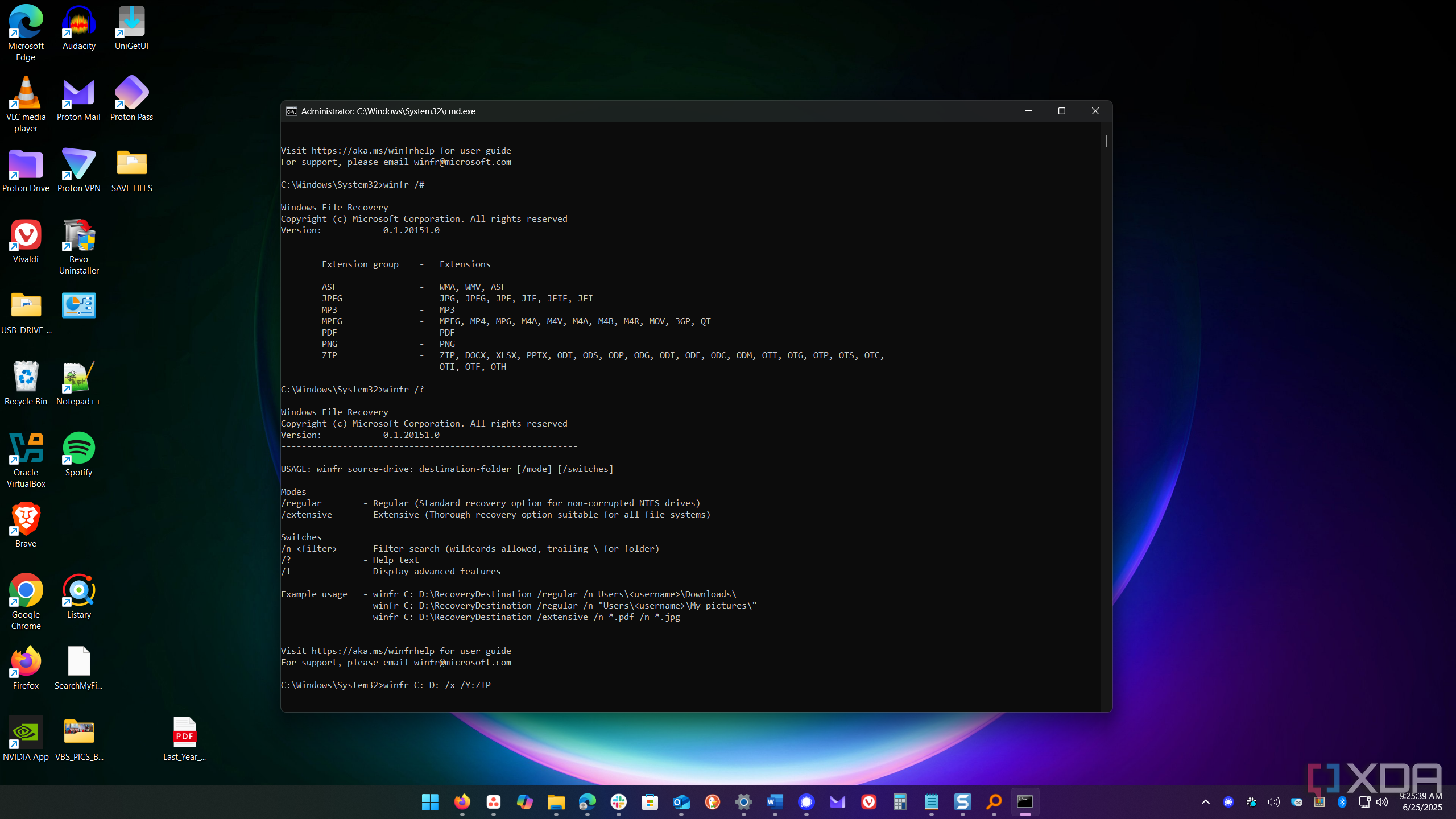 shows file extensions and winfr help menu