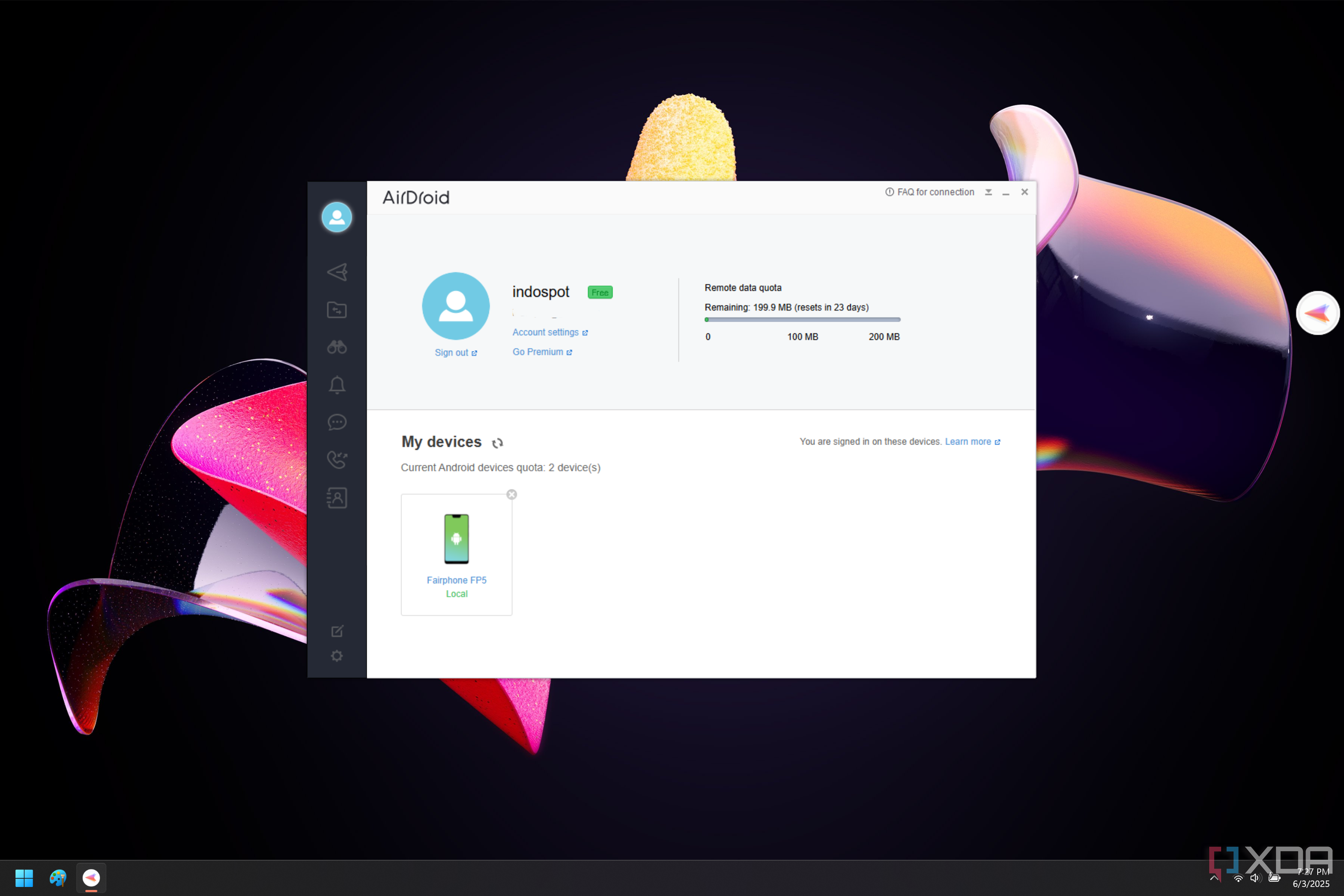 Screenshot of AirDroid on Windows showing information about the user