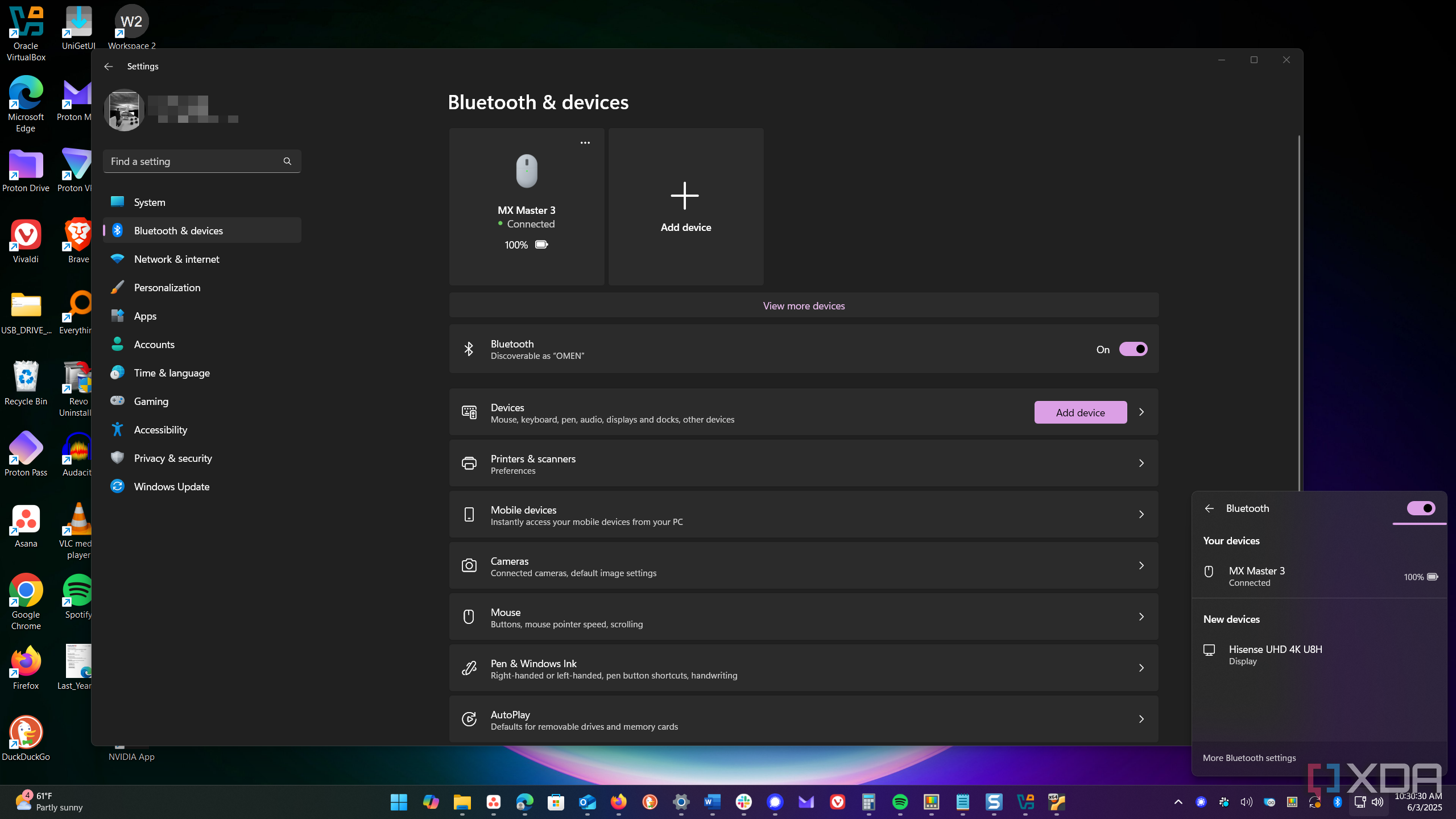 Shows Bluetooth settings and quick access