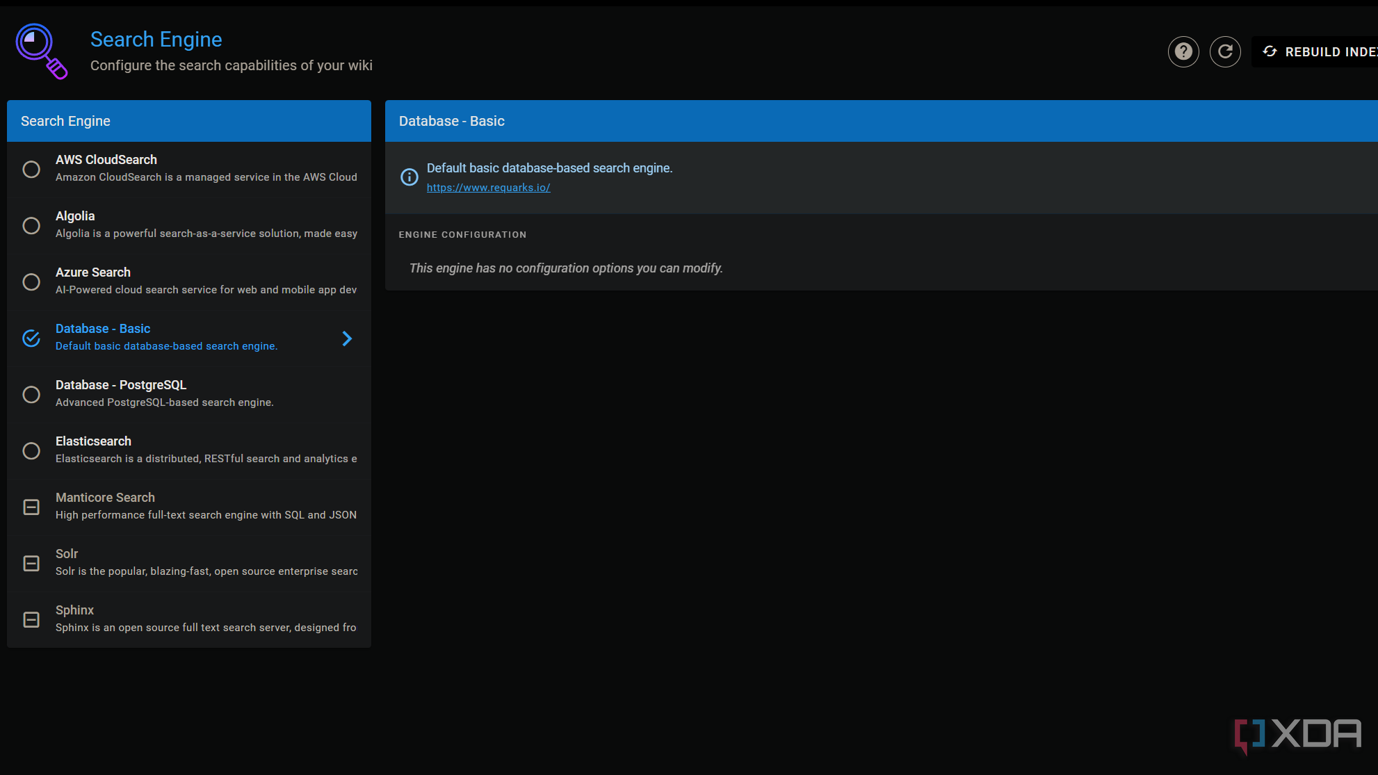 choosing search engine in wiki js