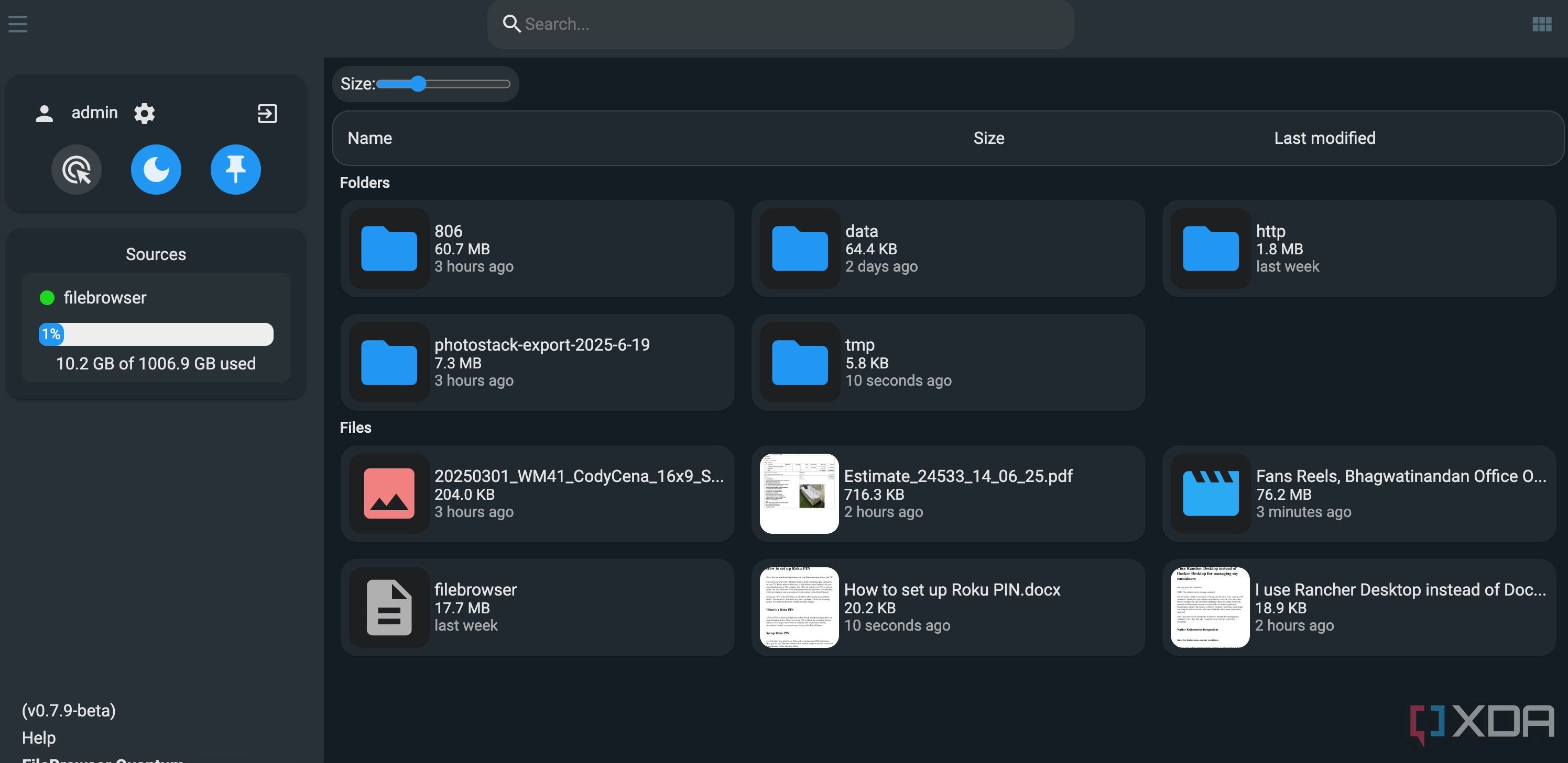 Main menu of FileBrowser