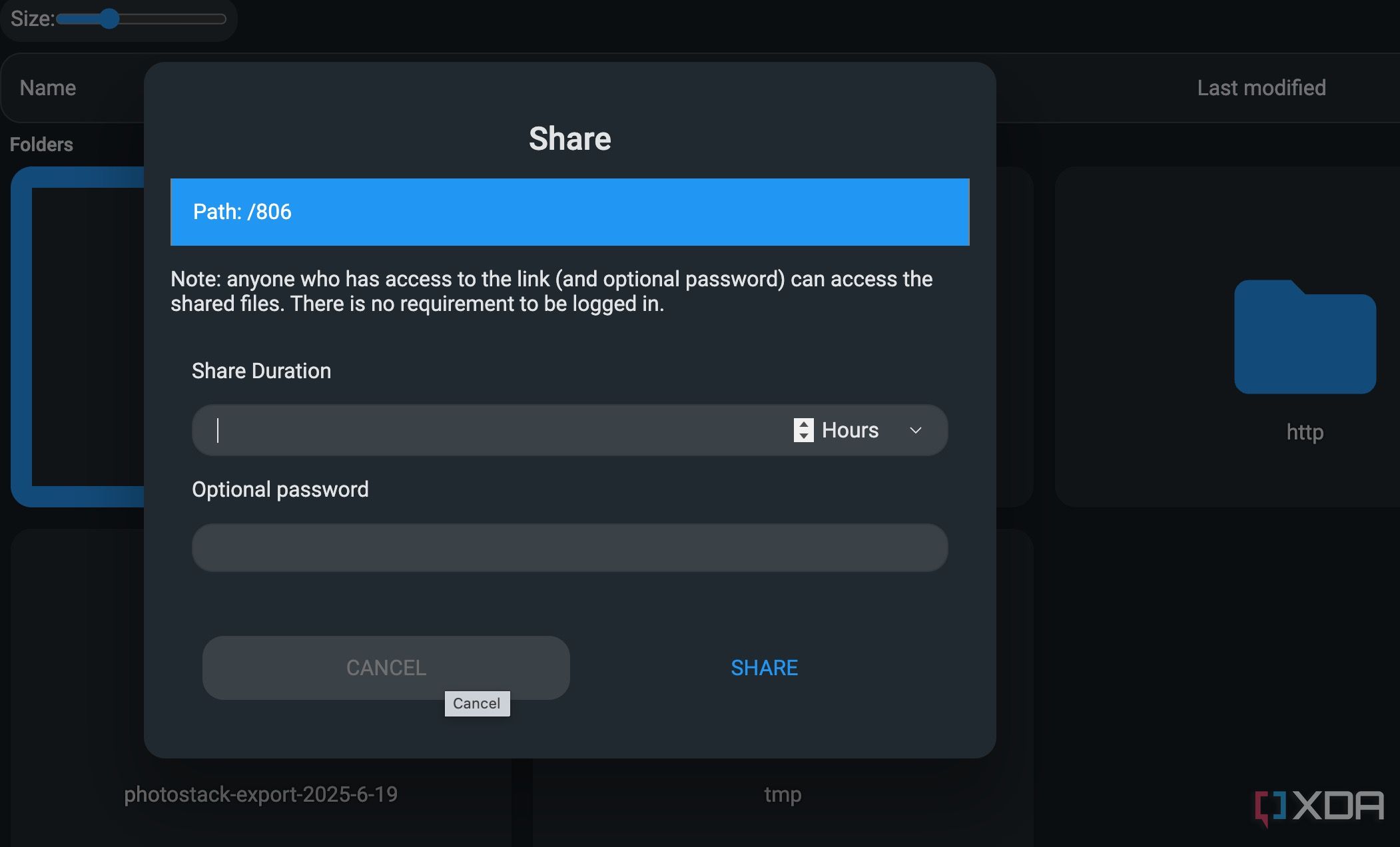Sharing options in FileBrowser Quantum