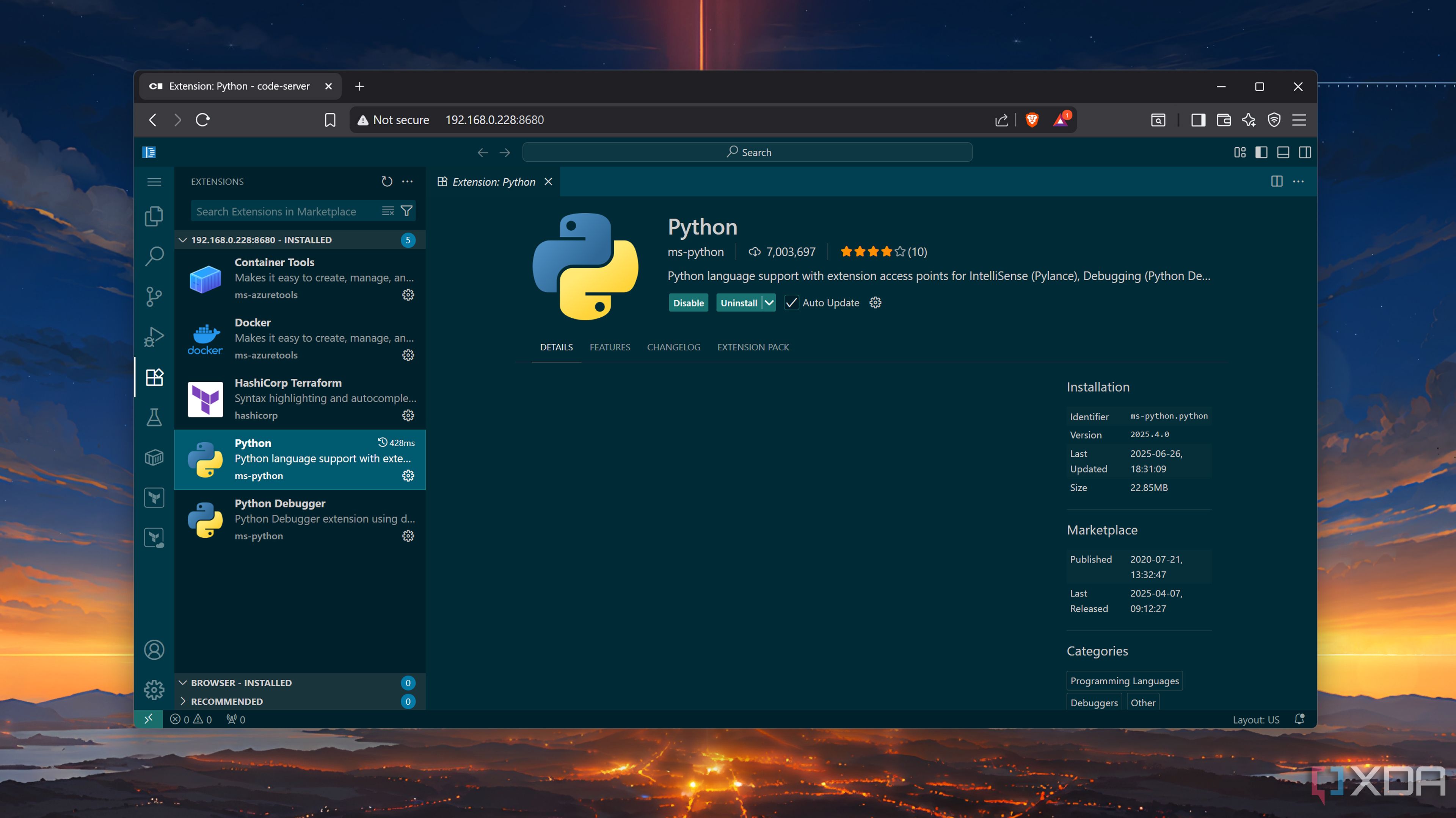 The extensions in Code-Server